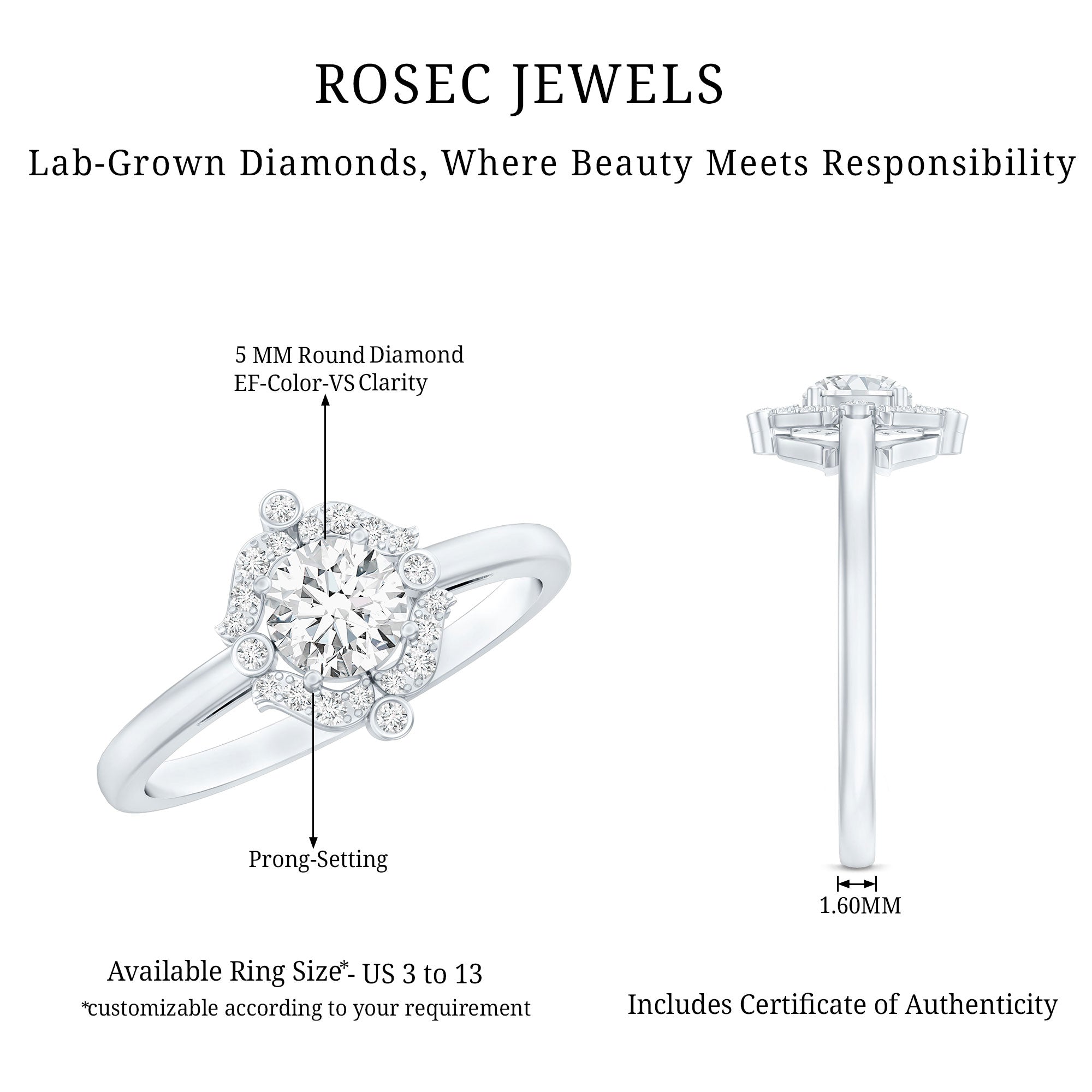Certified 5 MM Lab Grown Diamond Unique Engagement Ring Lab - ( EF-VS ) - Rosec Jewels