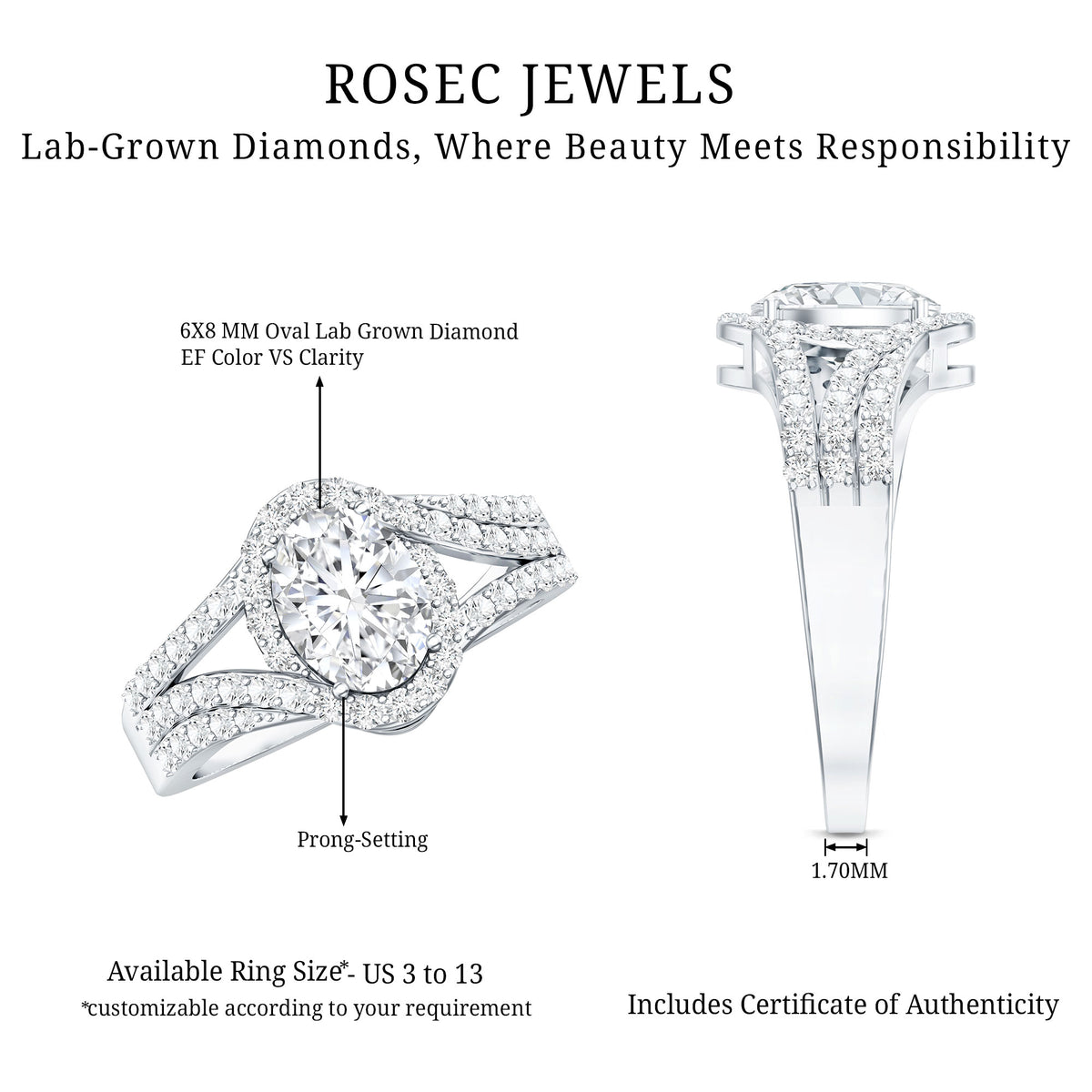 Certified 1.2 Carat Oval Lab Grown Diamond Split Shank Engagement Ring Lab - ( EF-VS ) - Rosec Jewels