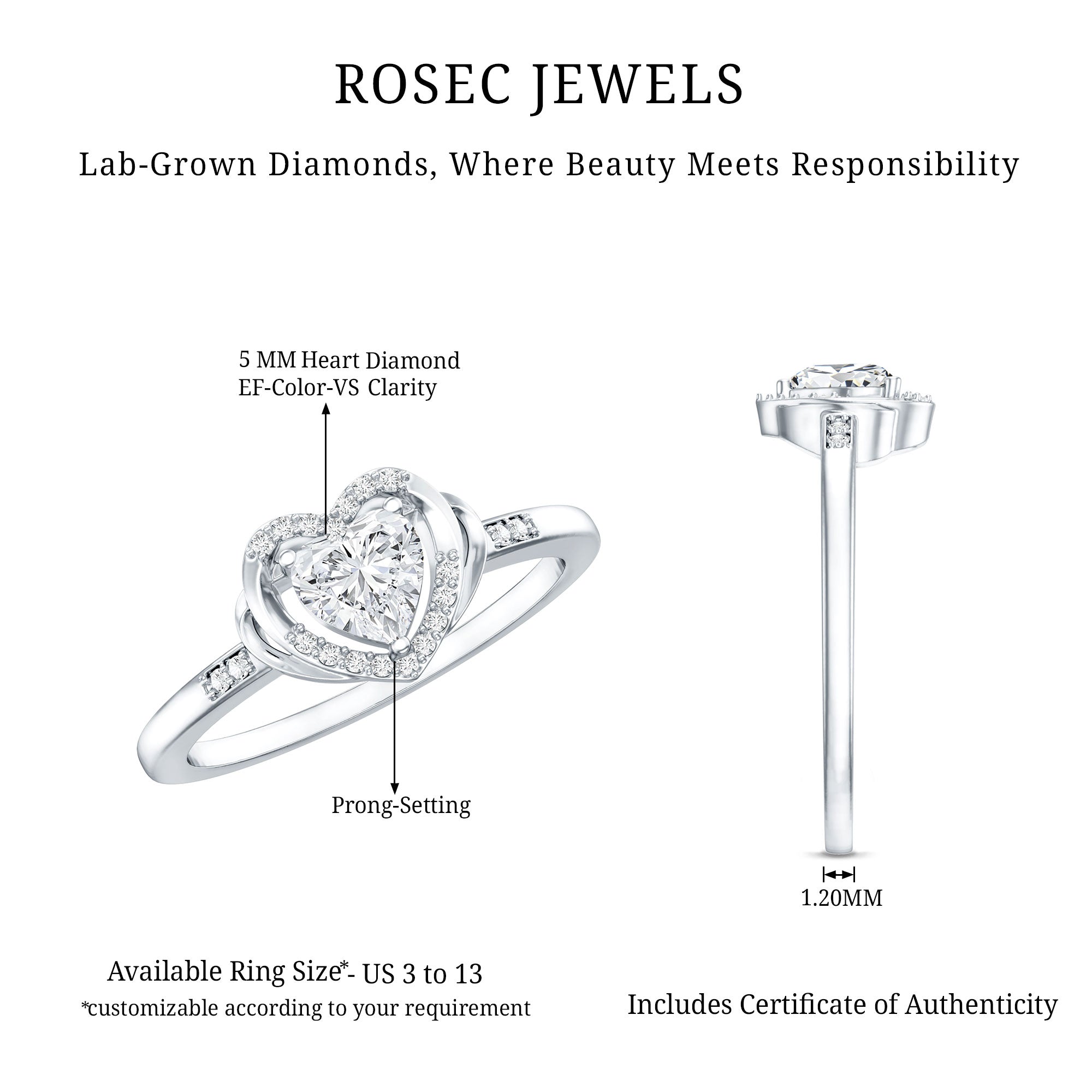 Certified Lab 5MM Heart Diamond Halo Engagement Ring Lab - ( EF-VS ) - Rosec Jewels