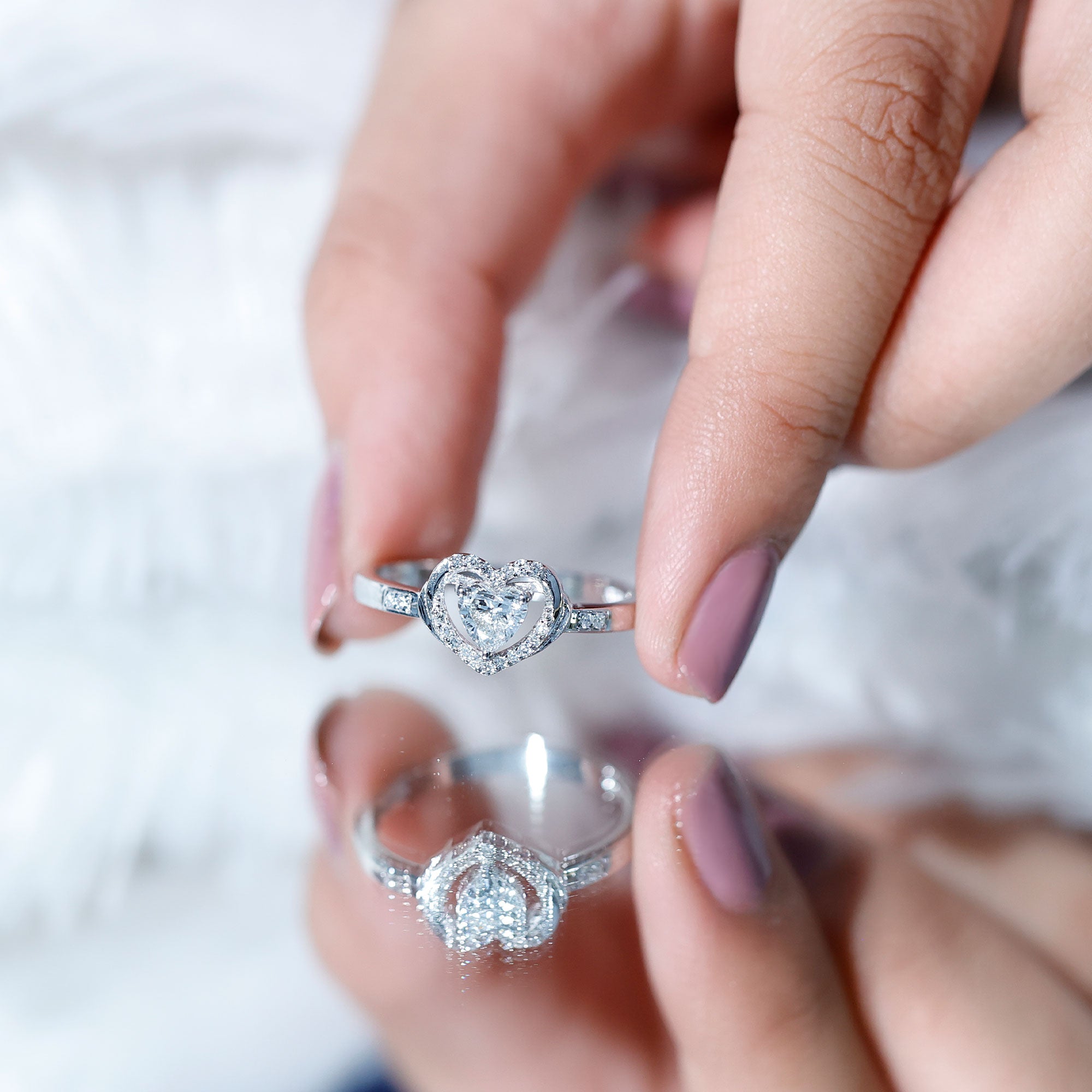 Certified Lab 5MM Heart Diamond Halo Engagement Ring Lab - ( EF-VS ) - Rosec Jewels