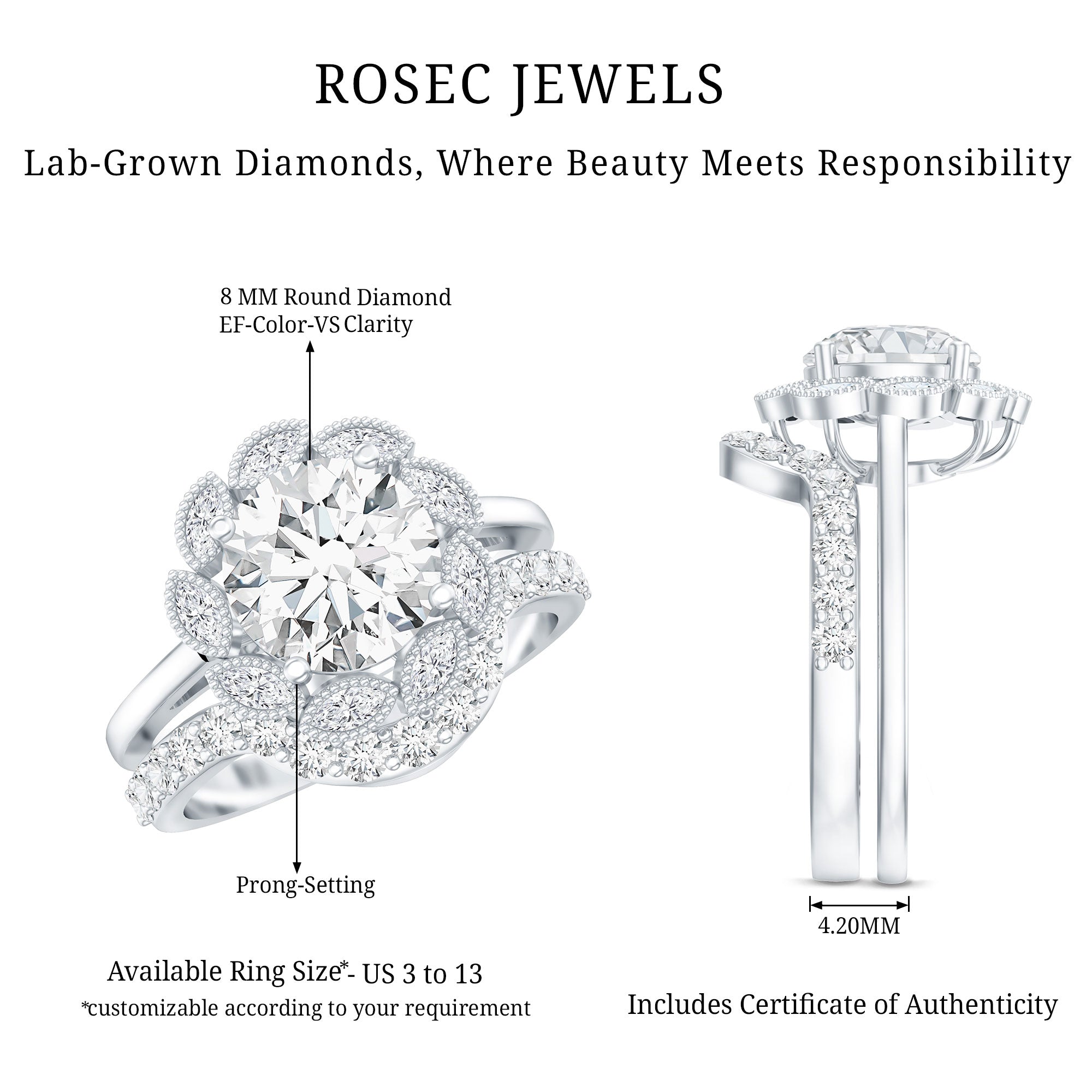 Lab Grown Diamond Vintage Inspired Engagement Ring with Wedding Band Lab - ( EF-VS ) - Rosec Jewels