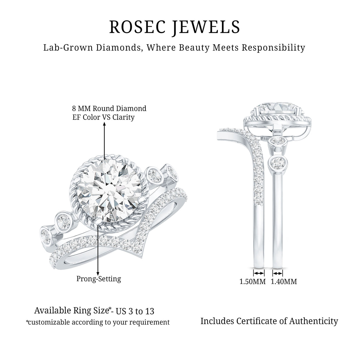 2 Carat IGI Certified Lab Grown Diamond Solitaire Bridal Ring Set With Enhancer Lab - ( E-VS1 ) - Rosec Jewels