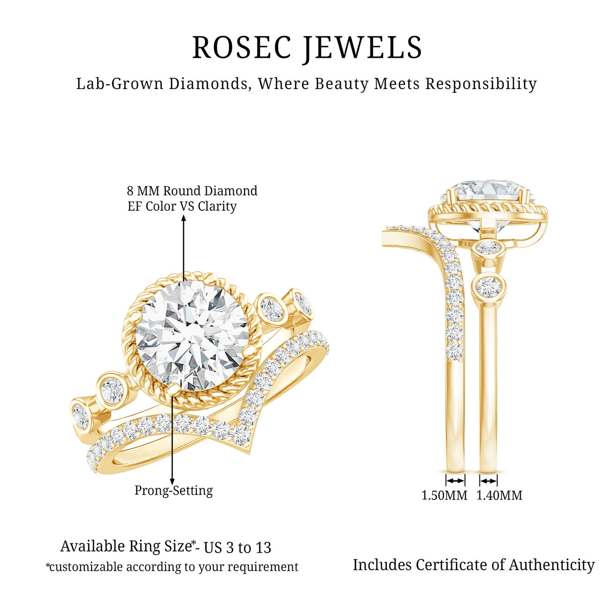 2 Carat IGI Certified Lab Grown Diamond Solitaire Bridal Ring Set With Enhancer Lab - ( E-VS1 ) - Rosec Jewels