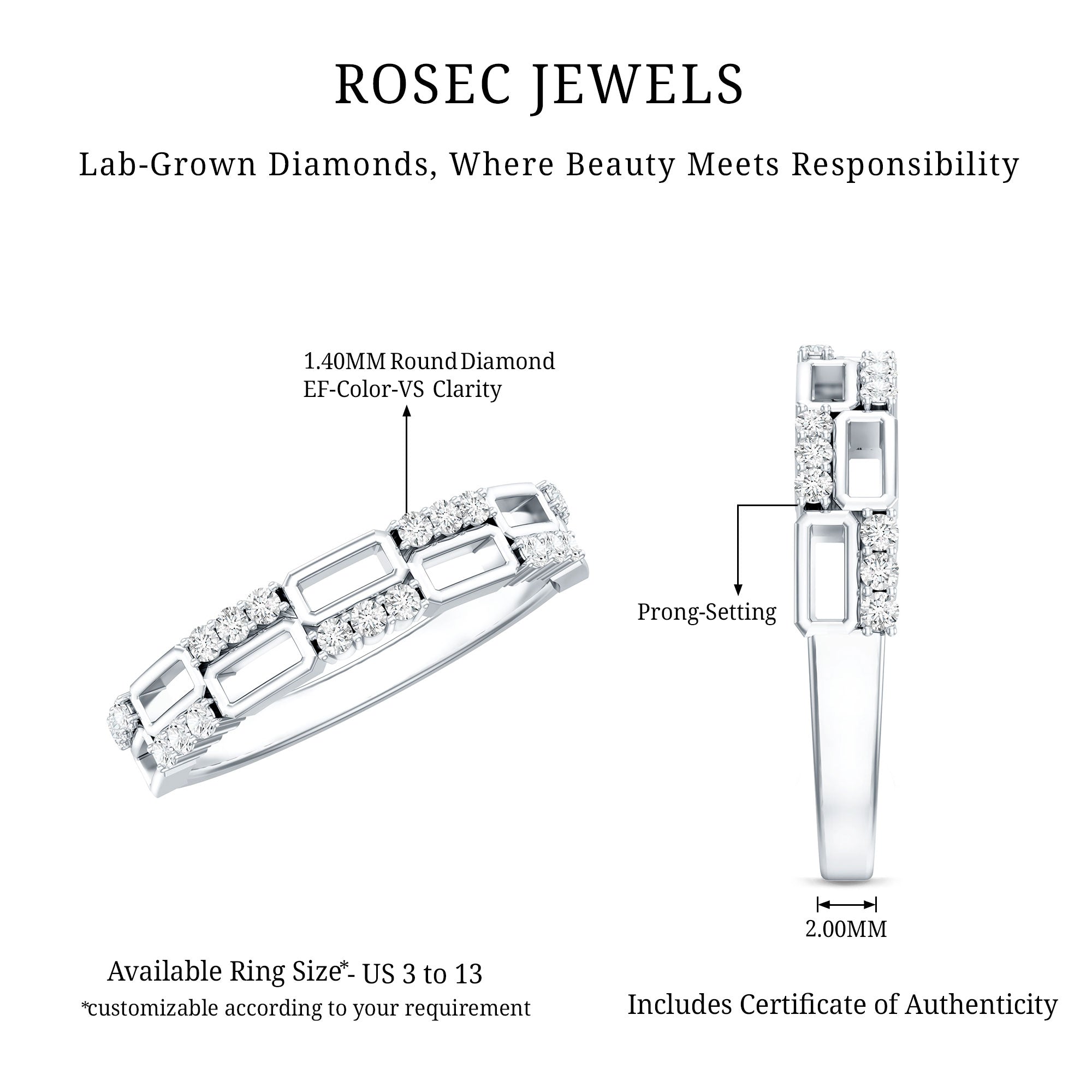 Certified Lab Grown Diamond Wedding Anniversary Ring For Women Lab - ( EF-VS ) - Rosec Jewels