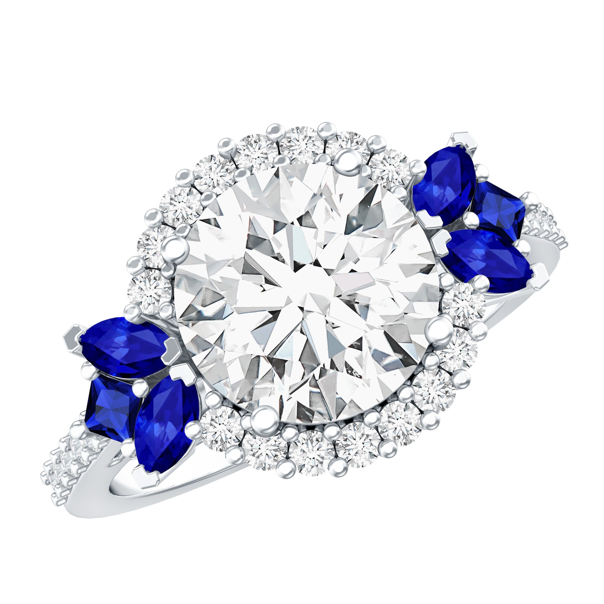 3 Carat Lab Grown Diamond Halo Engagement Ring With Blue Sapphire Lab - ( EF-VS ) - Rosec Jewels