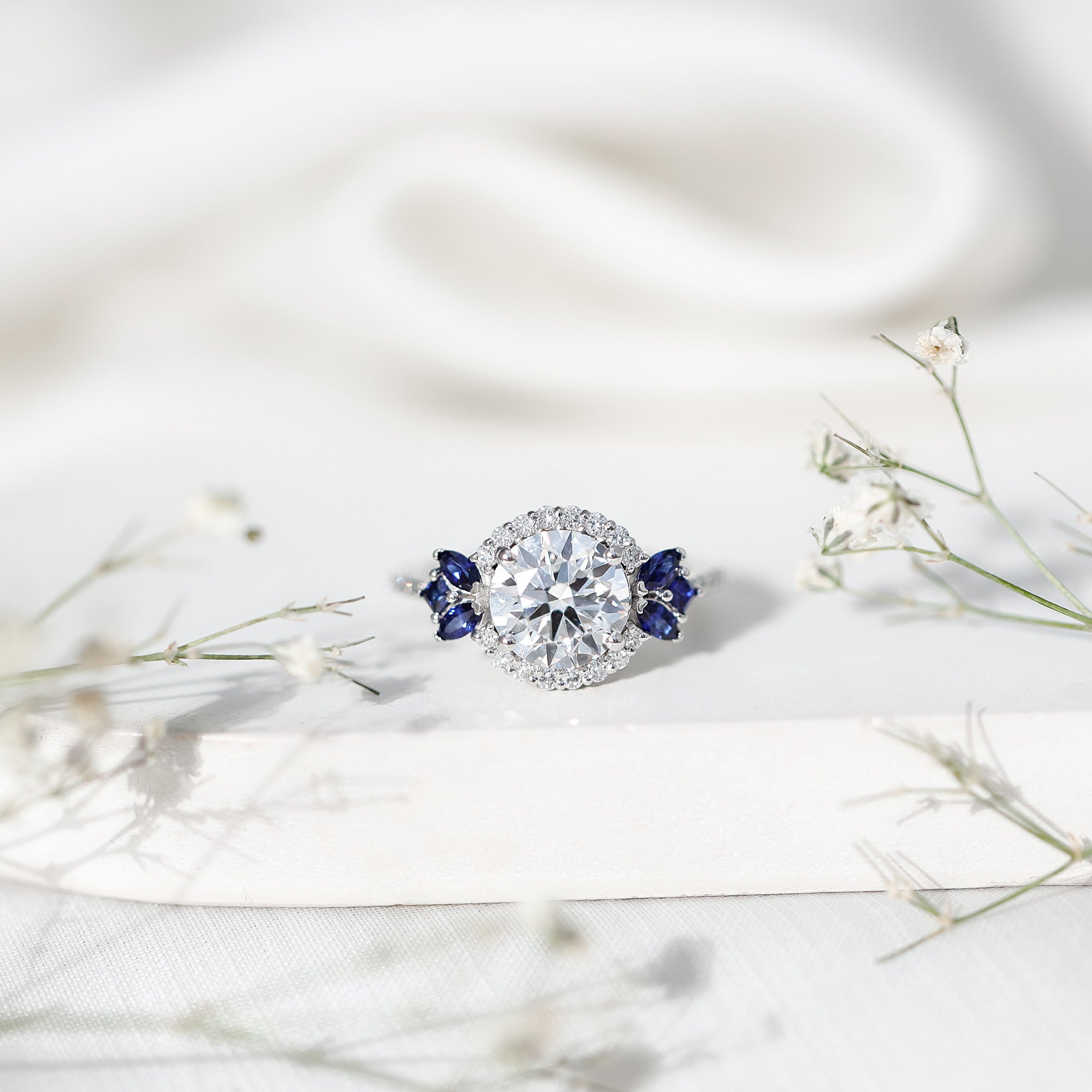 3 Carat Lab Grown Diamond Halo Engagement Ring With Blue Sapphire Lab - ( EF-VS ) - Rosec Jewels