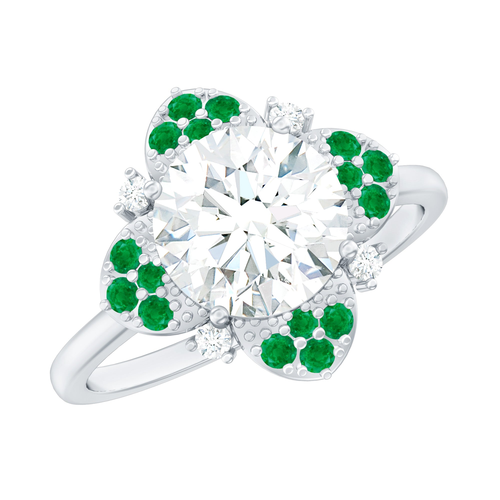 Certified Lab Grown Diamond Flower Engagement Ring With Emerald