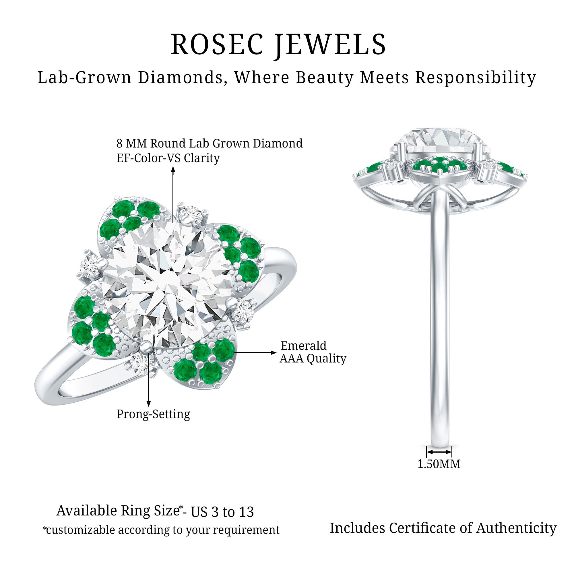 Certified Lab Grown Diamond Flower Engagement Ring With Emerald Lab - ( EF-VS ) - Rosec Jewels