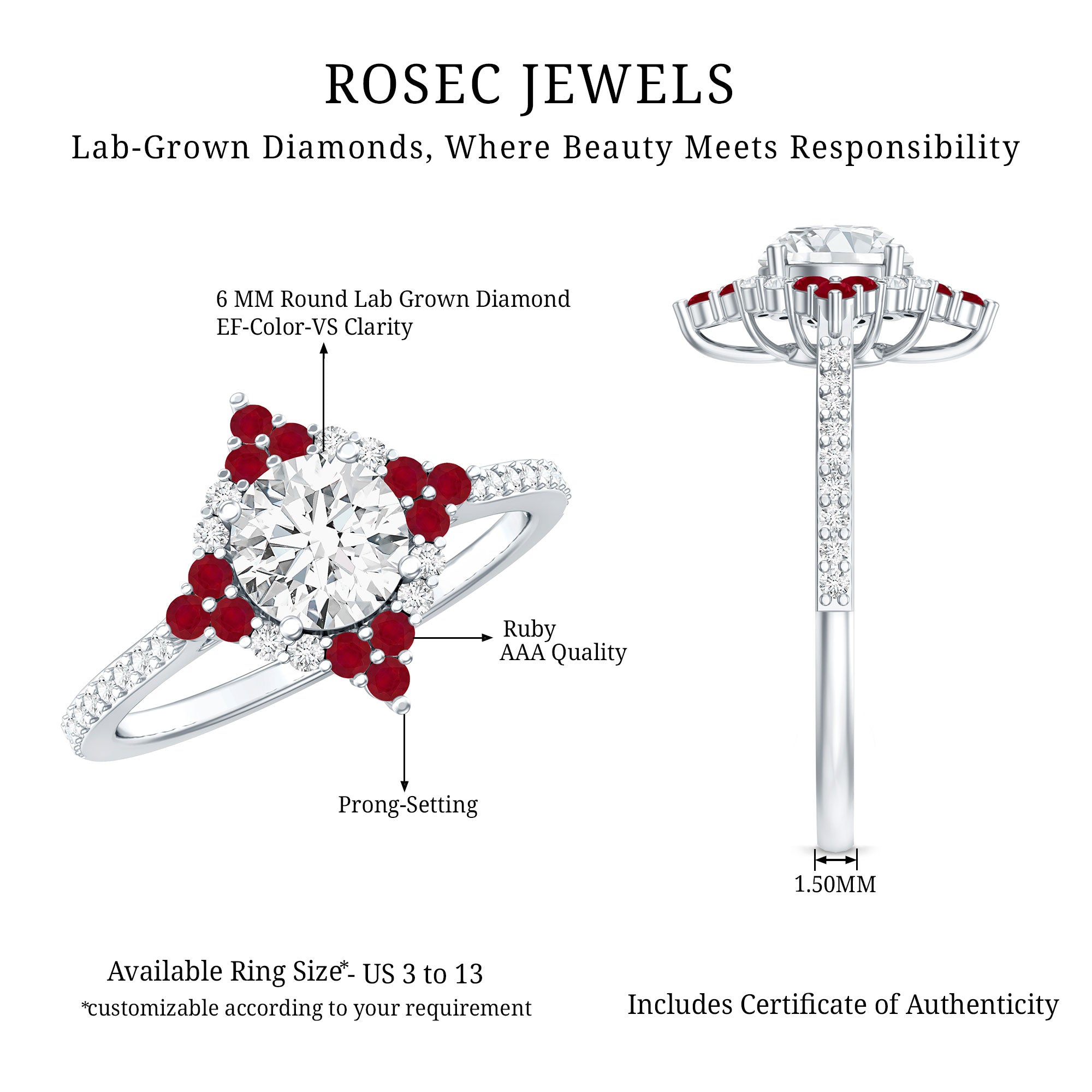 Certified Lab Grown Diamond Halo Engagement Ring with Ruby Lab - ( EF-VS ) - Rosec Jewels