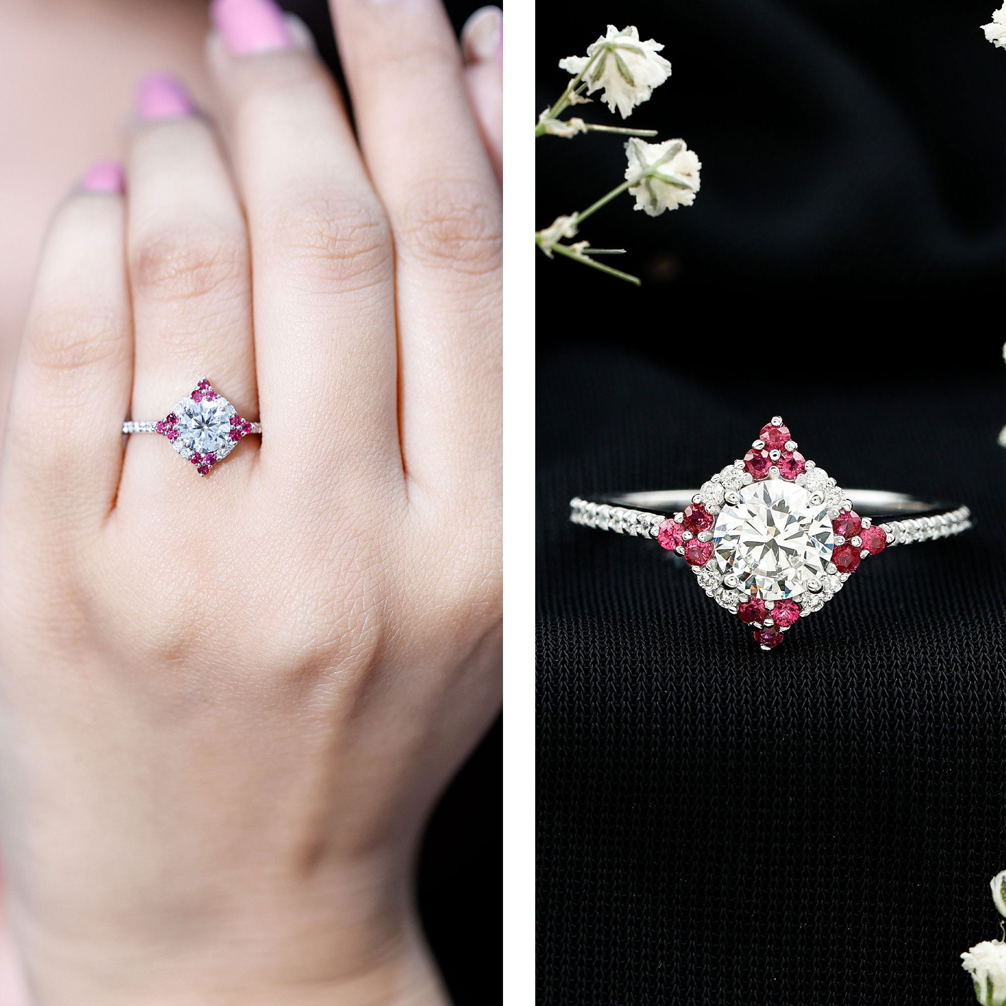 Certified Lab Grown Diamond Halo Engagement Ring with Ruby Lab - ( EF-VS ) - Rosec Jewels