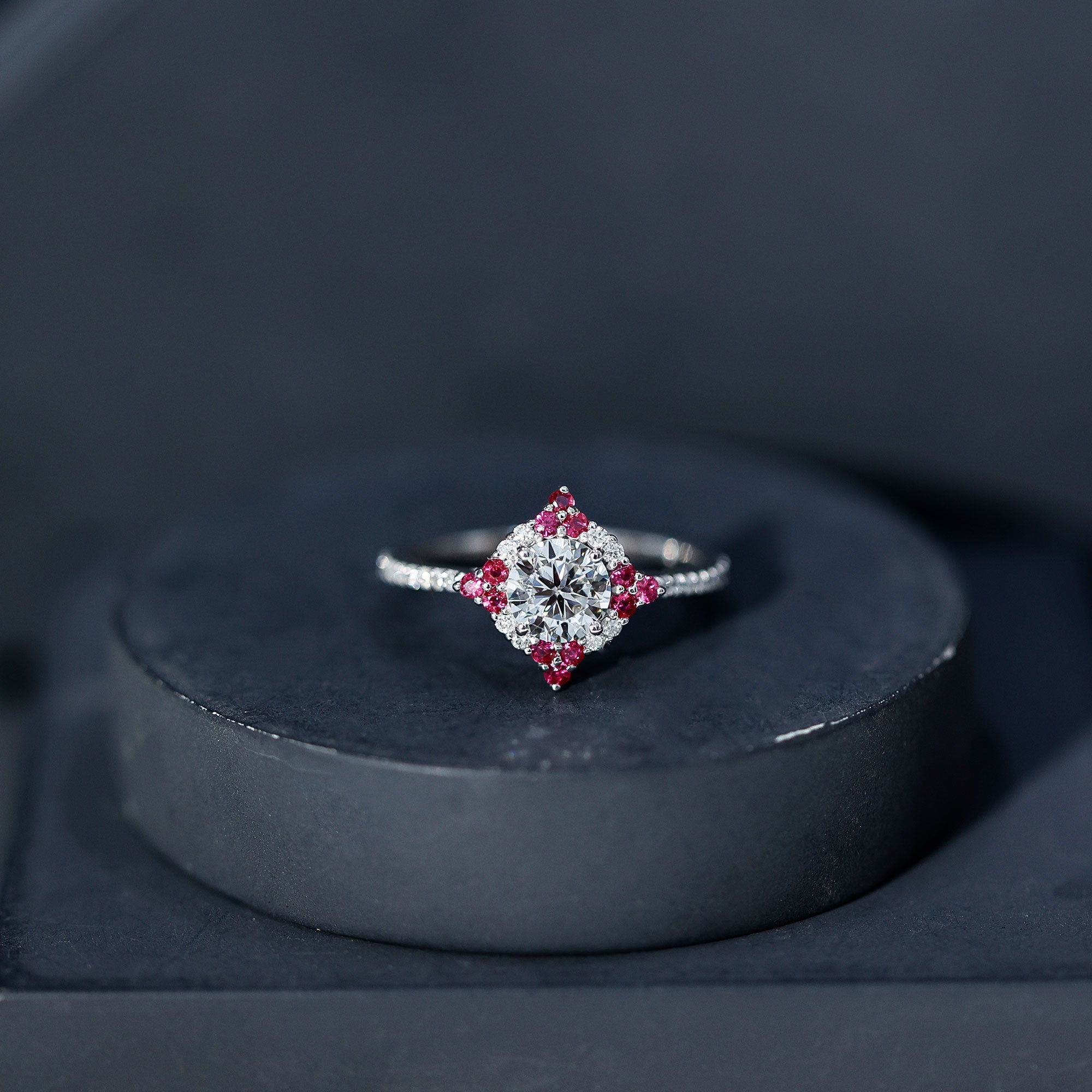 Certified Lab Grown Diamond Halo Engagement Ring with Ruby Lab - ( EF-VS ) - Rosec Jewels