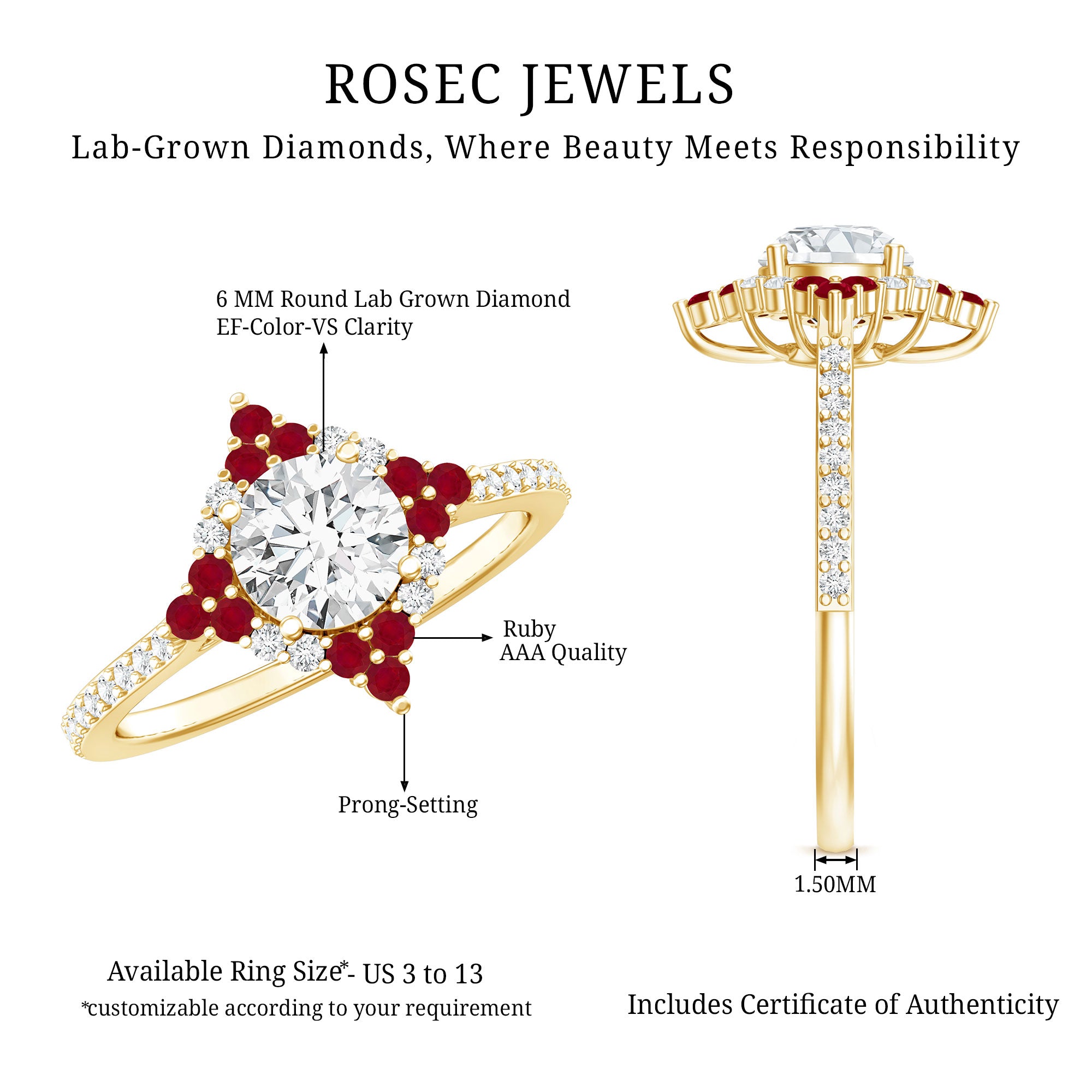Certified Lab Grown Diamond Halo Engagement Ring with Ruby Lab - ( EF-VS ) - Rosec Jewels