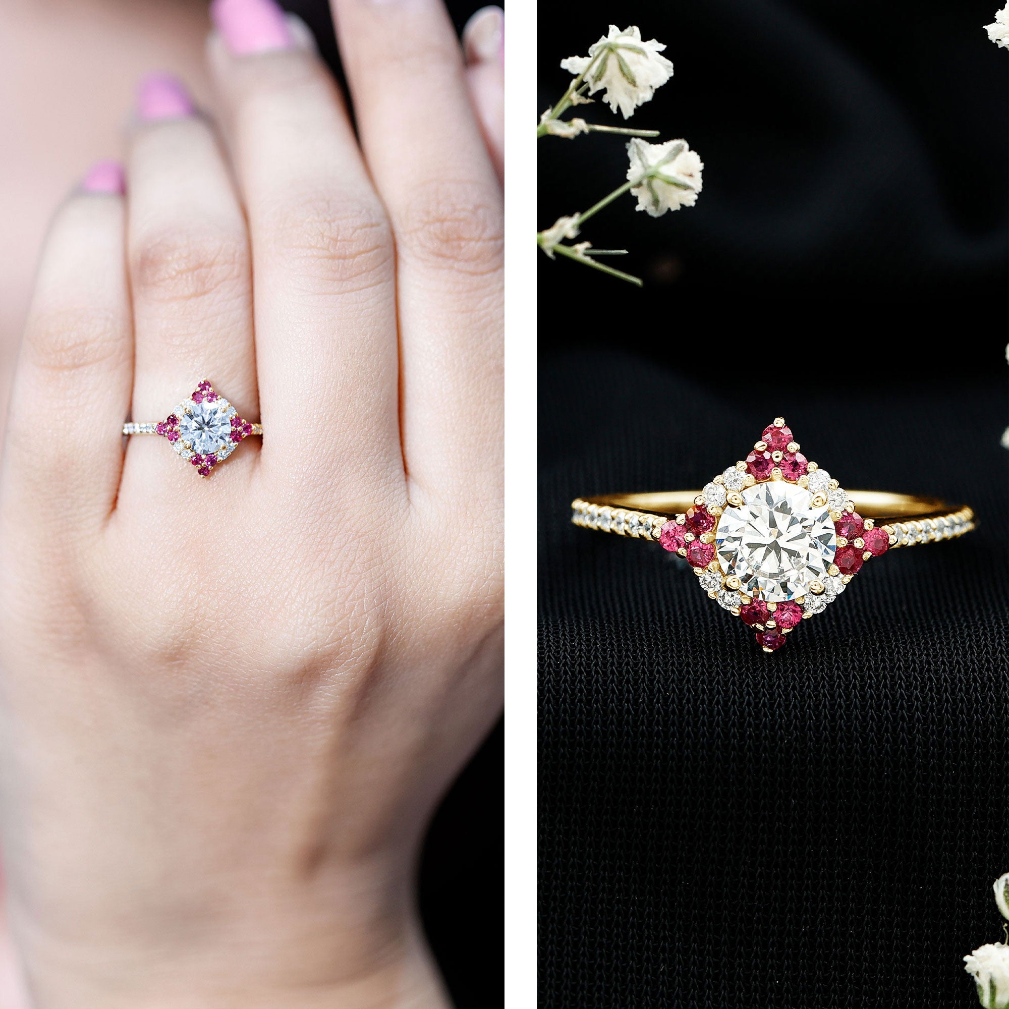 Certified Lab Grown Diamond Halo Engagement Ring with Ruby Lab - ( EF-VS ) - Rosec Jewels