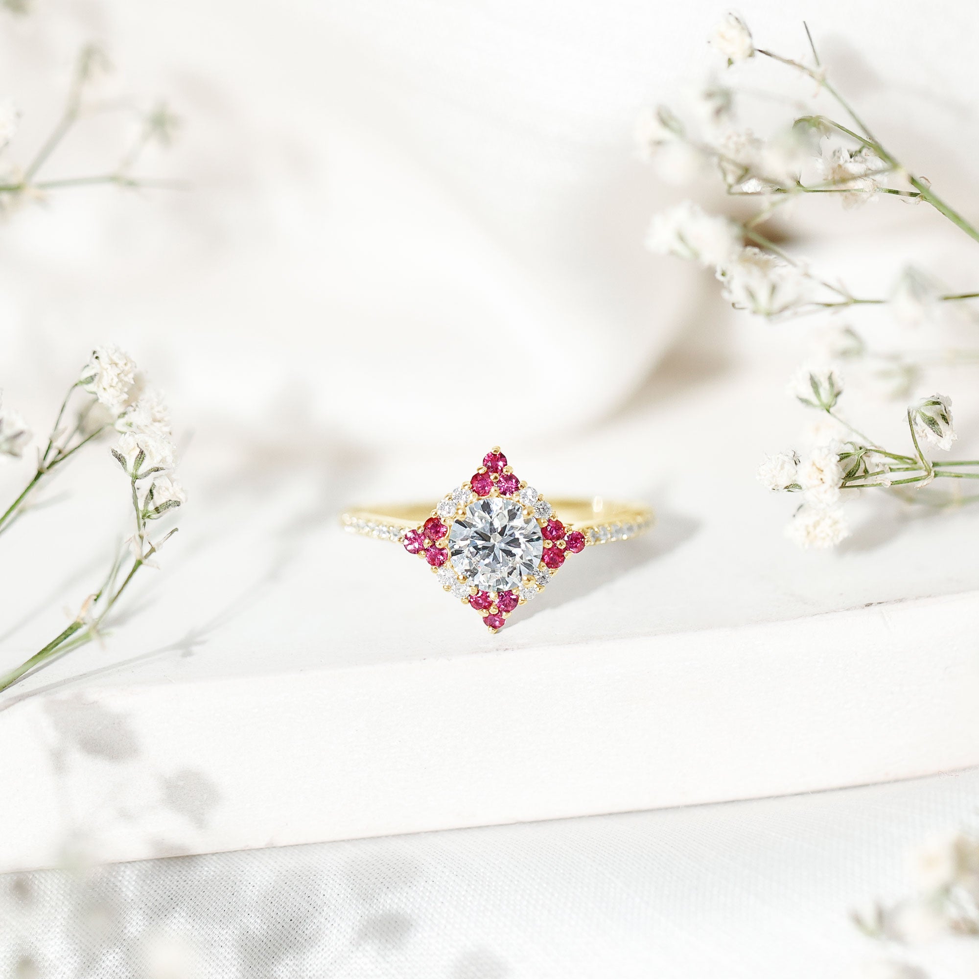 Certified Lab Grown Diamond Halo Engagement Ring with Ruby Lab - ( EF-VS ) - Rosec Jewels