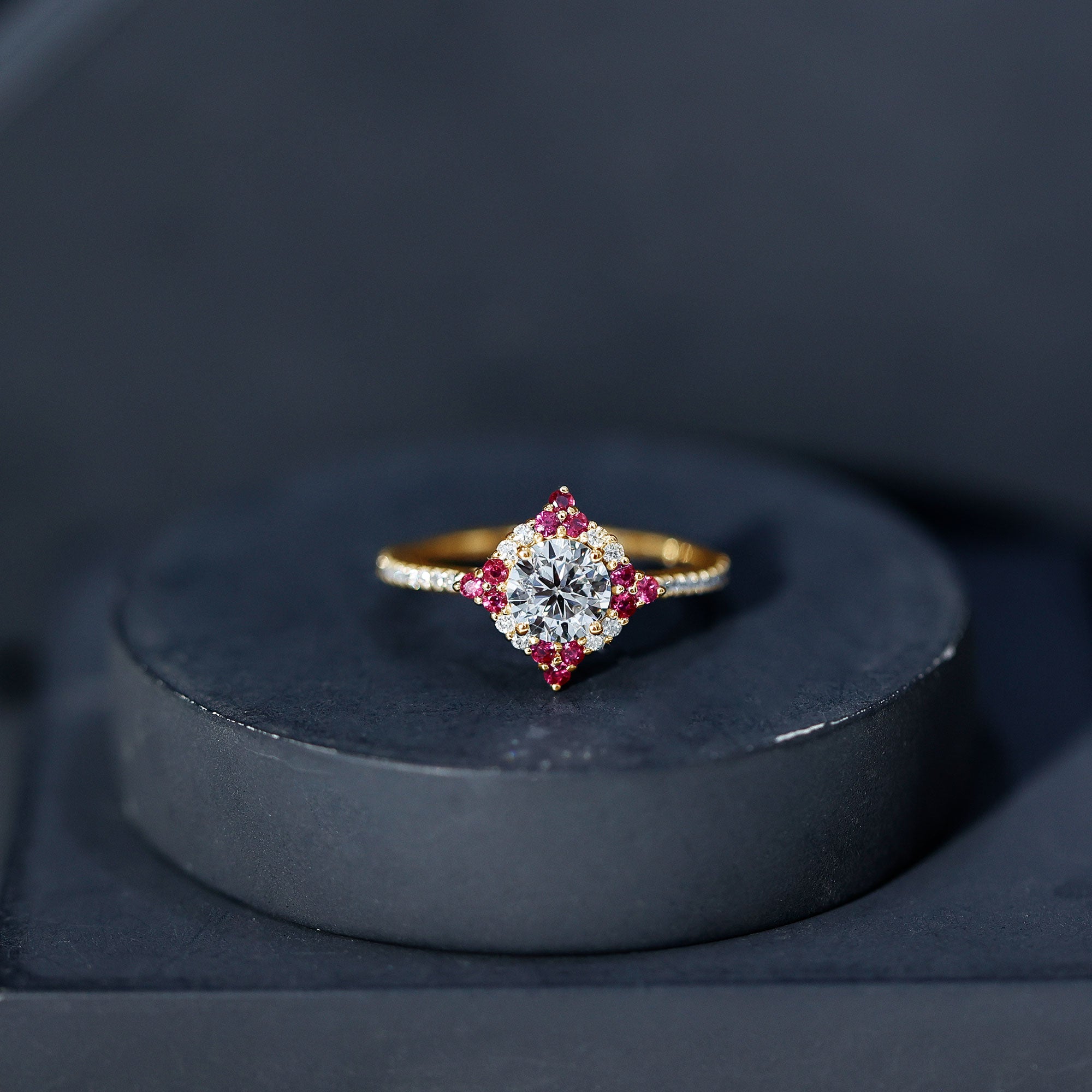 Certified Lab Grown Diamond Halo Engagement Ring with Ruby Lab - ( EF-VS ) - Rosec Jewels