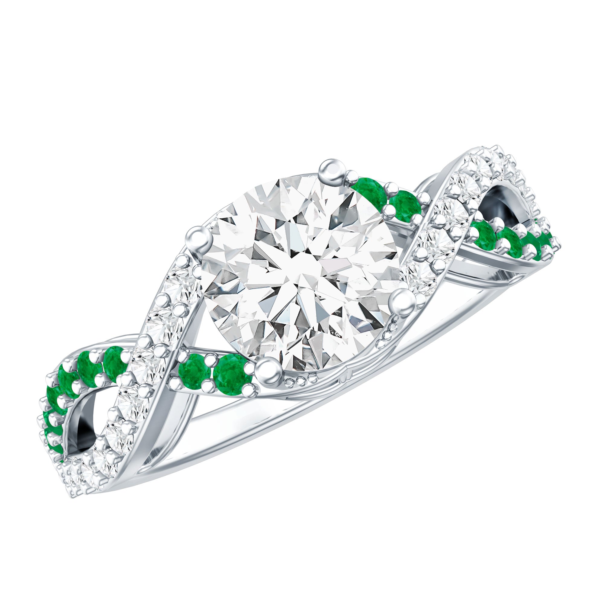 Lab Grown Diamond Crossover Engagement Ring with Emerald Lab - ( EF-VS ) - Rosec Jewels