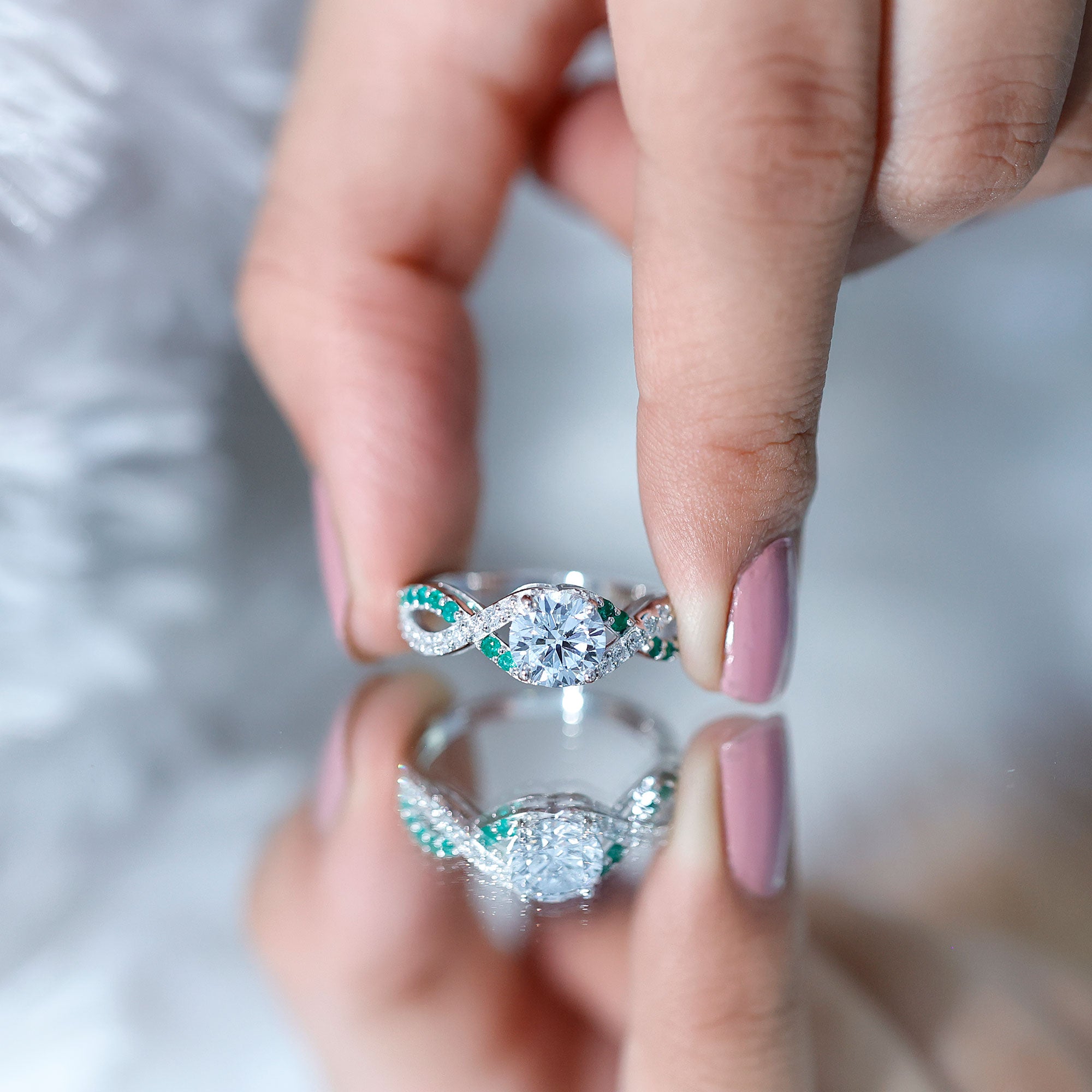 Lab Grown Diamond Crossover Engagement Ring with Emerald Lab - ( EF-VS ) - Rosec Jewels
