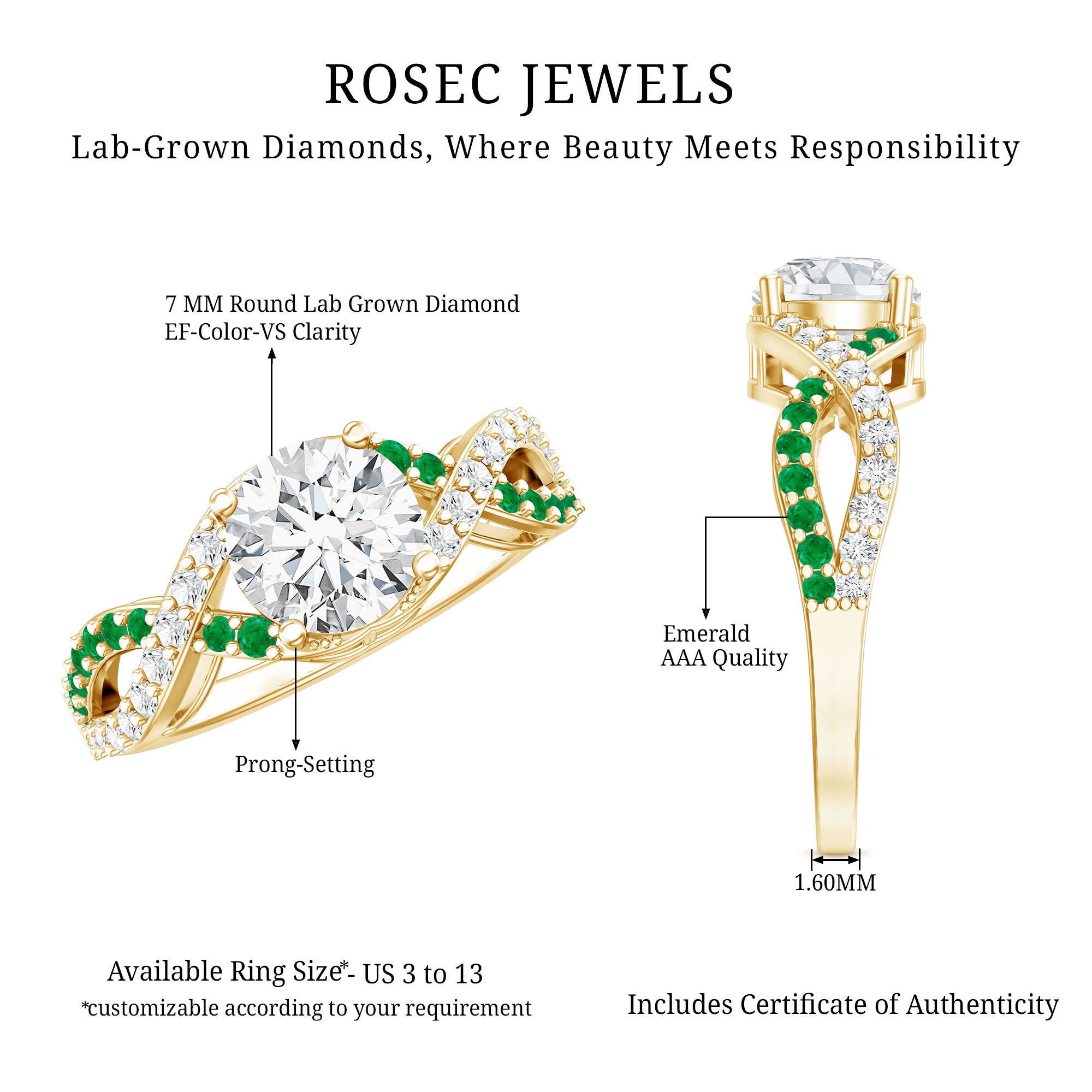 Lab Grown Diamond Crossover Engagement Ring with Emerald Lab - ( EF-VS ) - Rosec Jewels