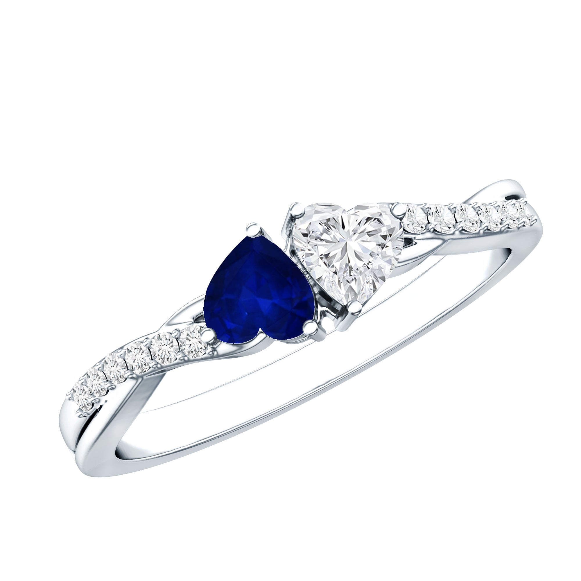 Natural Heart Shape Blue Sapphire Diamond 2 Stone Promise Ring AAA - Rosec Jewels