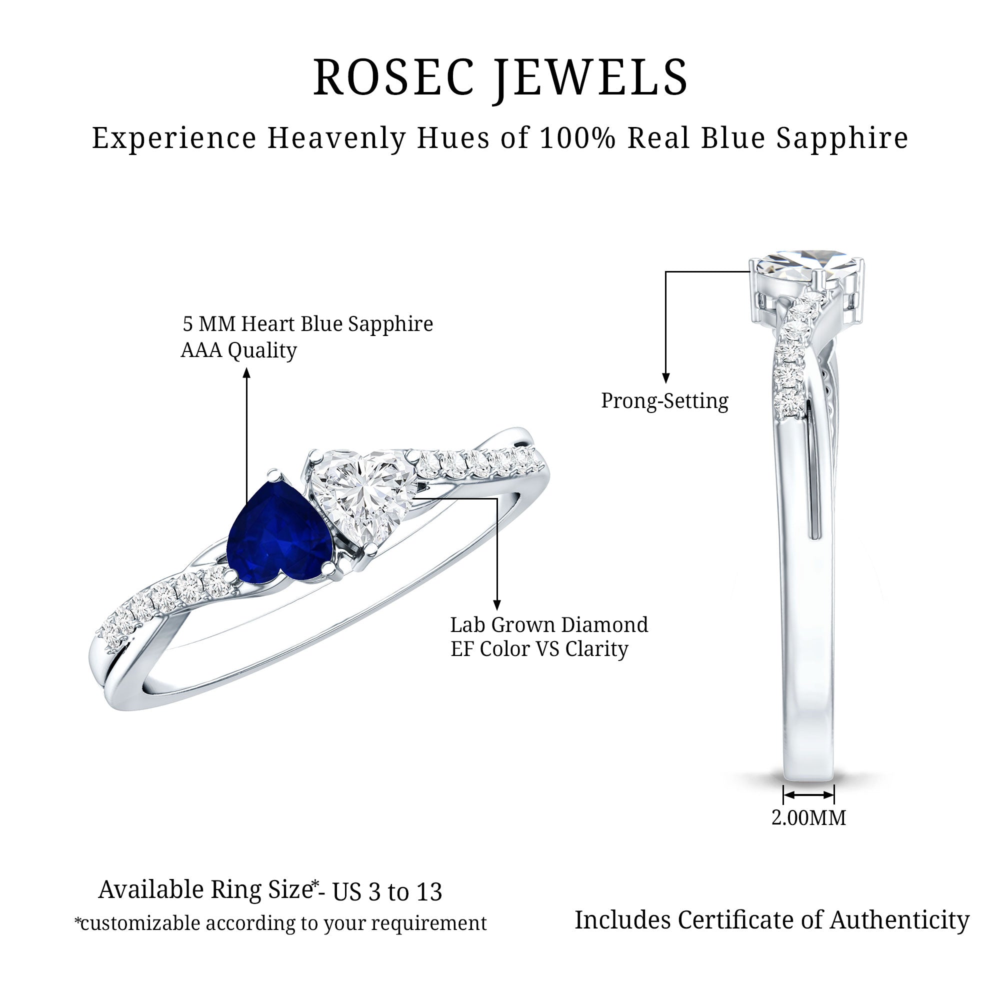 Natural Heart Shape Blue Sapphire Diamond 2 Stone Promise Ring AAA - Rosec Jewels