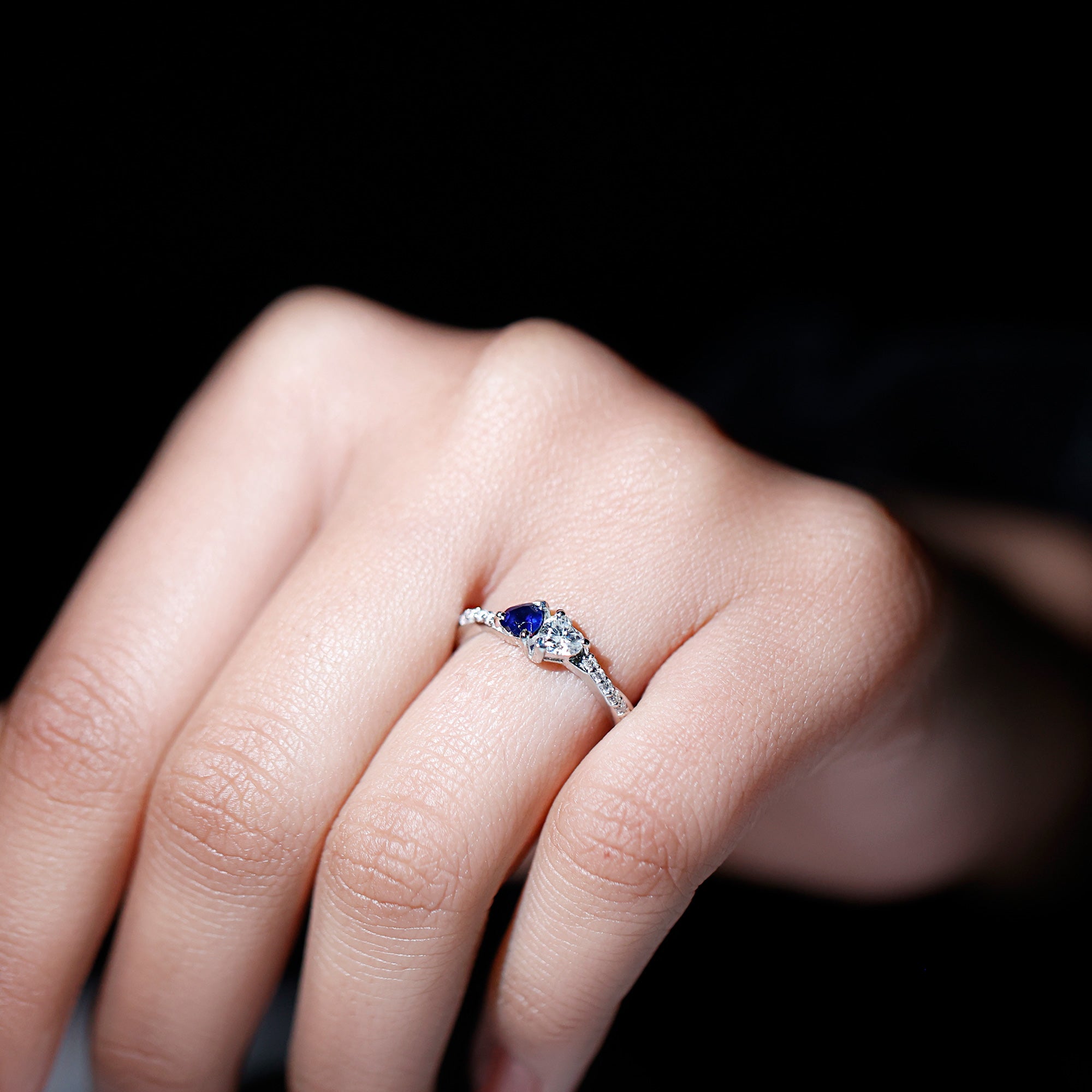 Natural Heart Shape Blue Sapphire Diamond 2 Stone Promise Ring AAA - Rosec Jewels