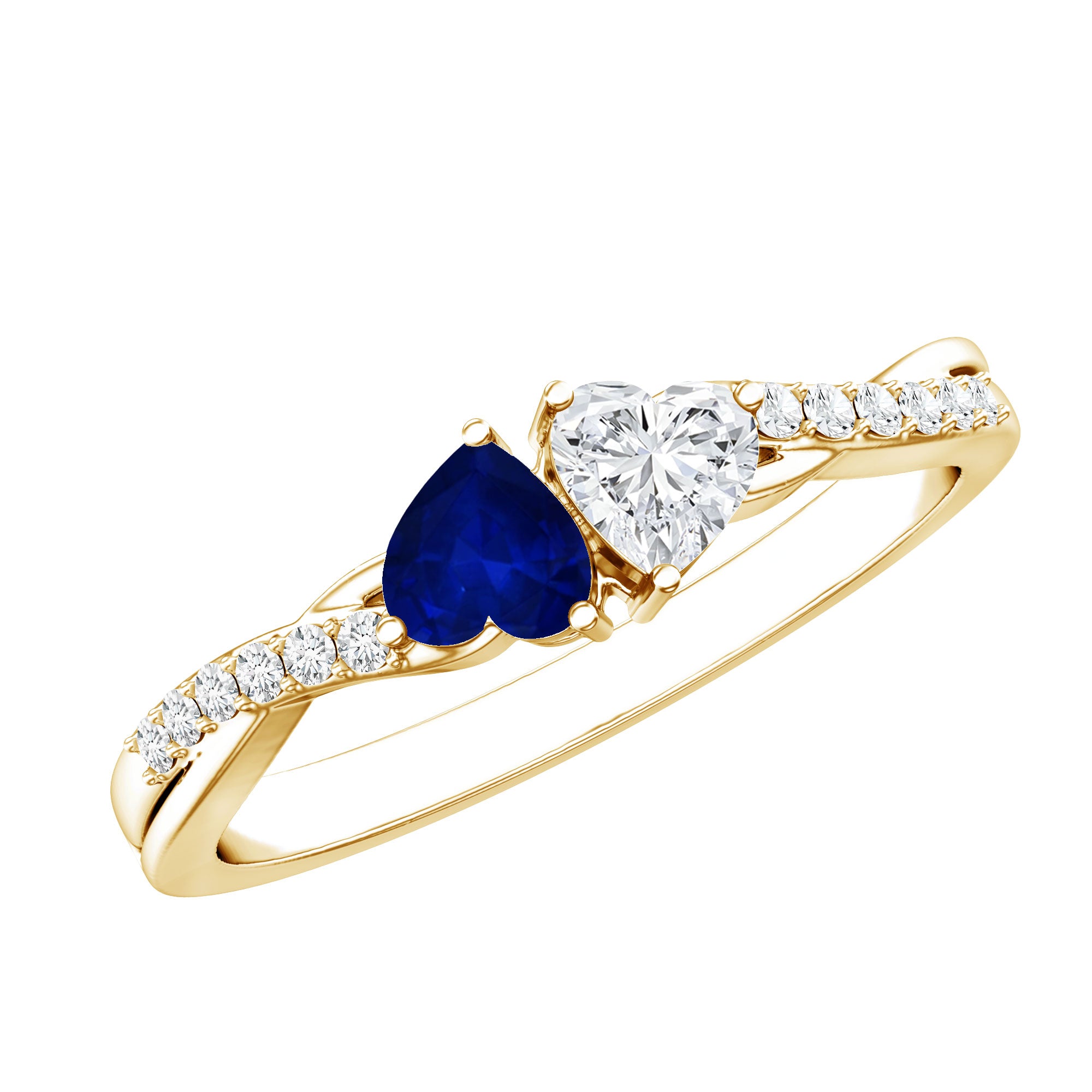 Natural Heart Shape Blue Sapphire Diamond 2 Stone Promise Ring AAA - Rosec Jewels