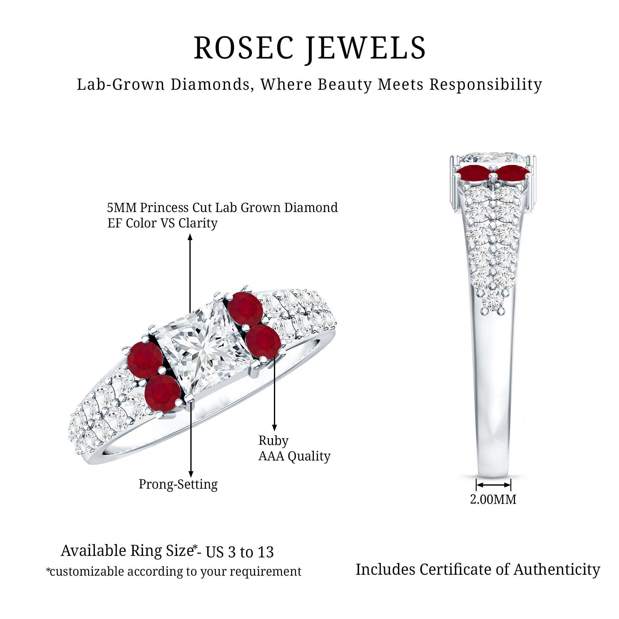 Lab Grown Diamond 5 MM Princess Cut Engagement Ring With Ruby Lab - ( EF-VS ) - Rosec Jewels