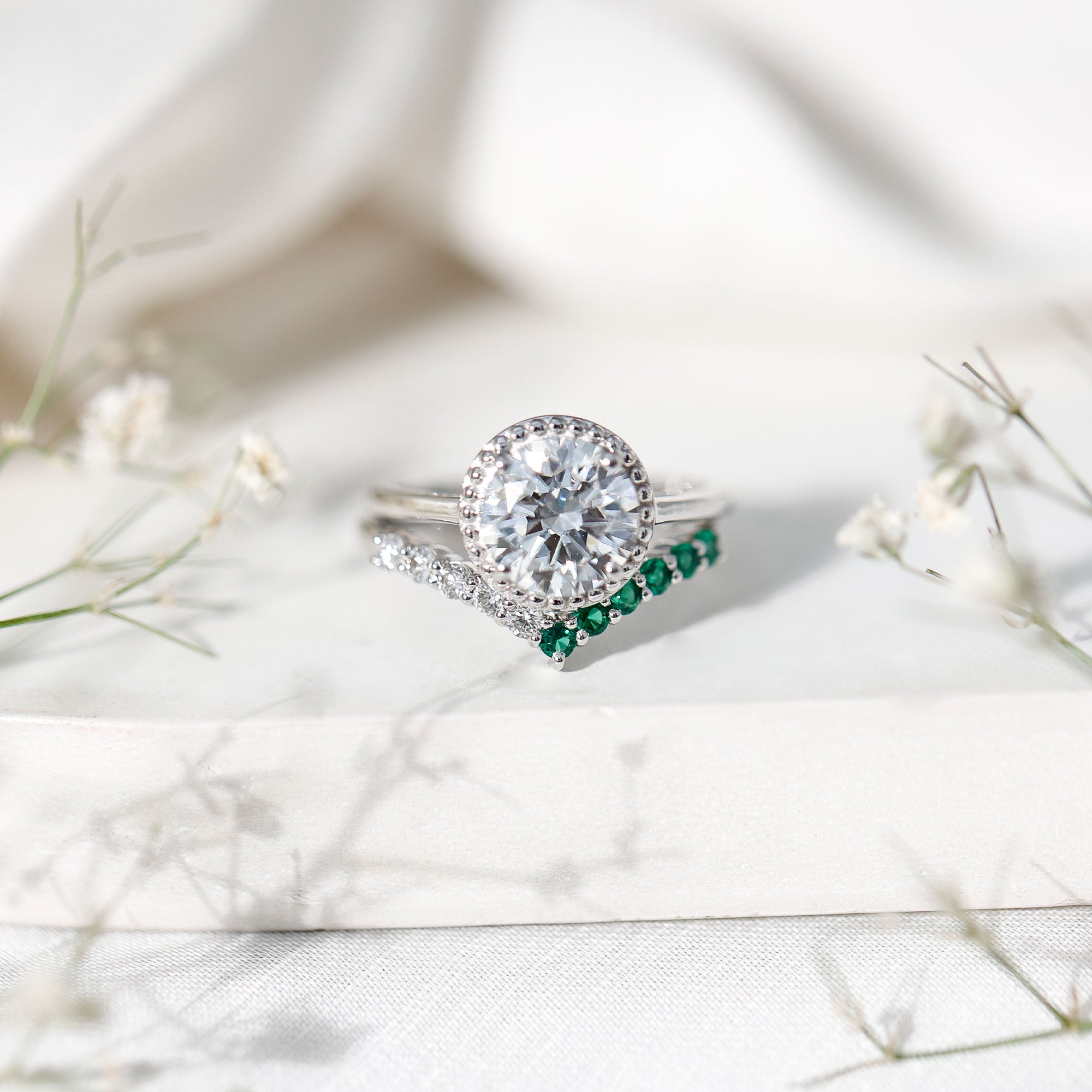 Certified Lab Grown Diamond 8 MM Engagement Ring With Emerald Enhancer Lab - ( EF-VS ) - Rosec Jewels