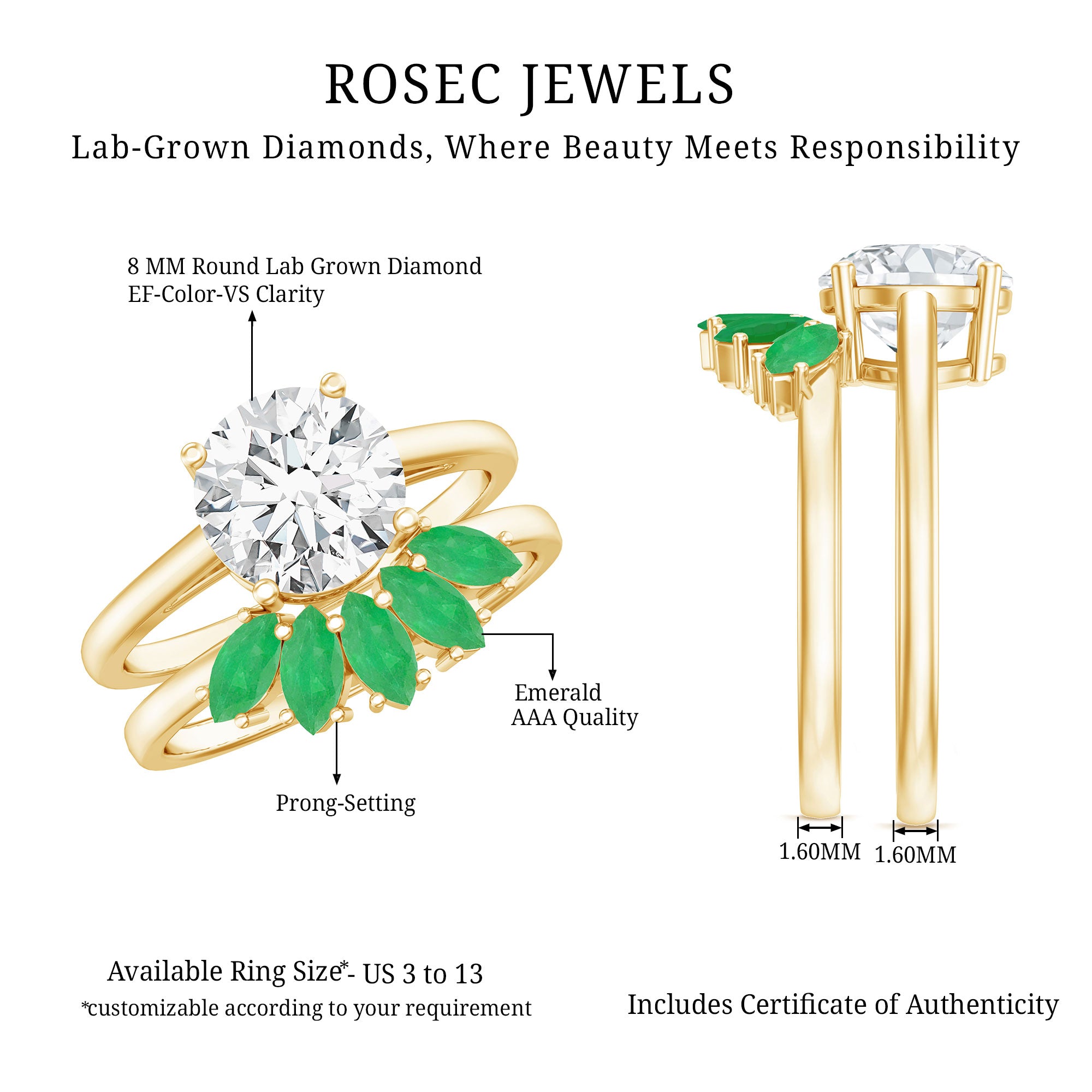 Certified 8 MM Lab Grown Diamond Engagement Ring With Emerald Wedding Band Lab - ( EF-VS ) - Rosec Jewels
