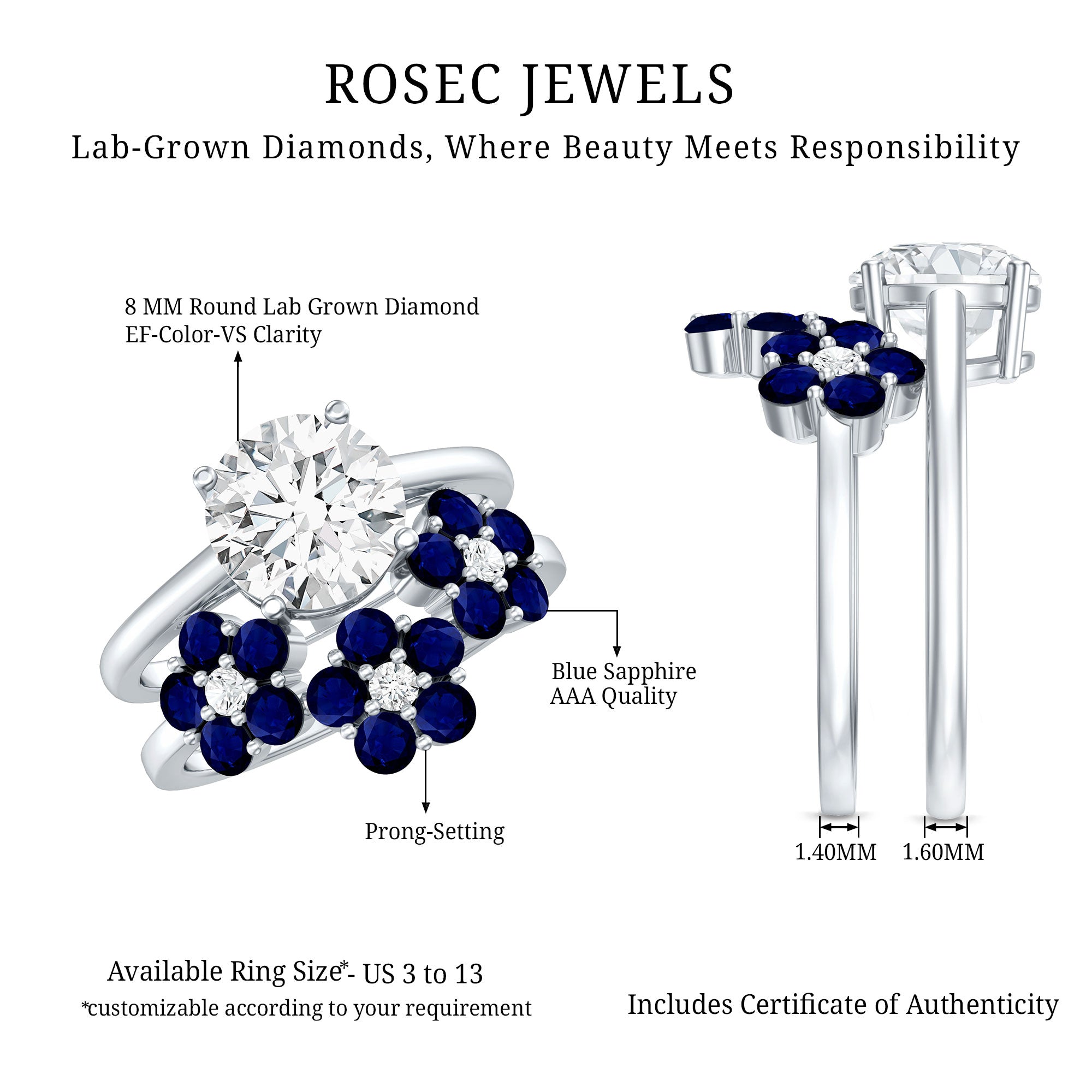 Certified Lab 8 MM Diamond Engagement Ring With Sapphire Wedding Band Lab - ( EF-VS ) - Rosec Jewels