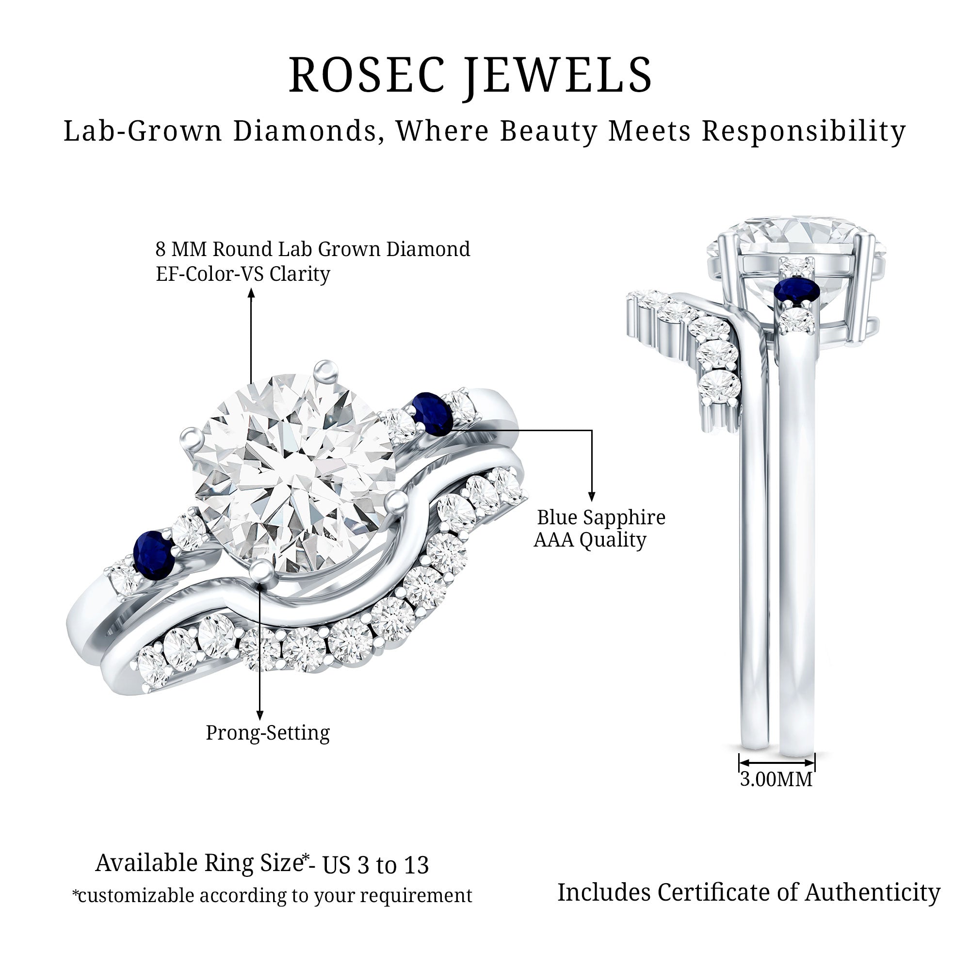2 Carat Certified Lab Grown Diamond Engagement Ring With Wedding Band Lab - ( EF-VS ) - Rosec Jewels