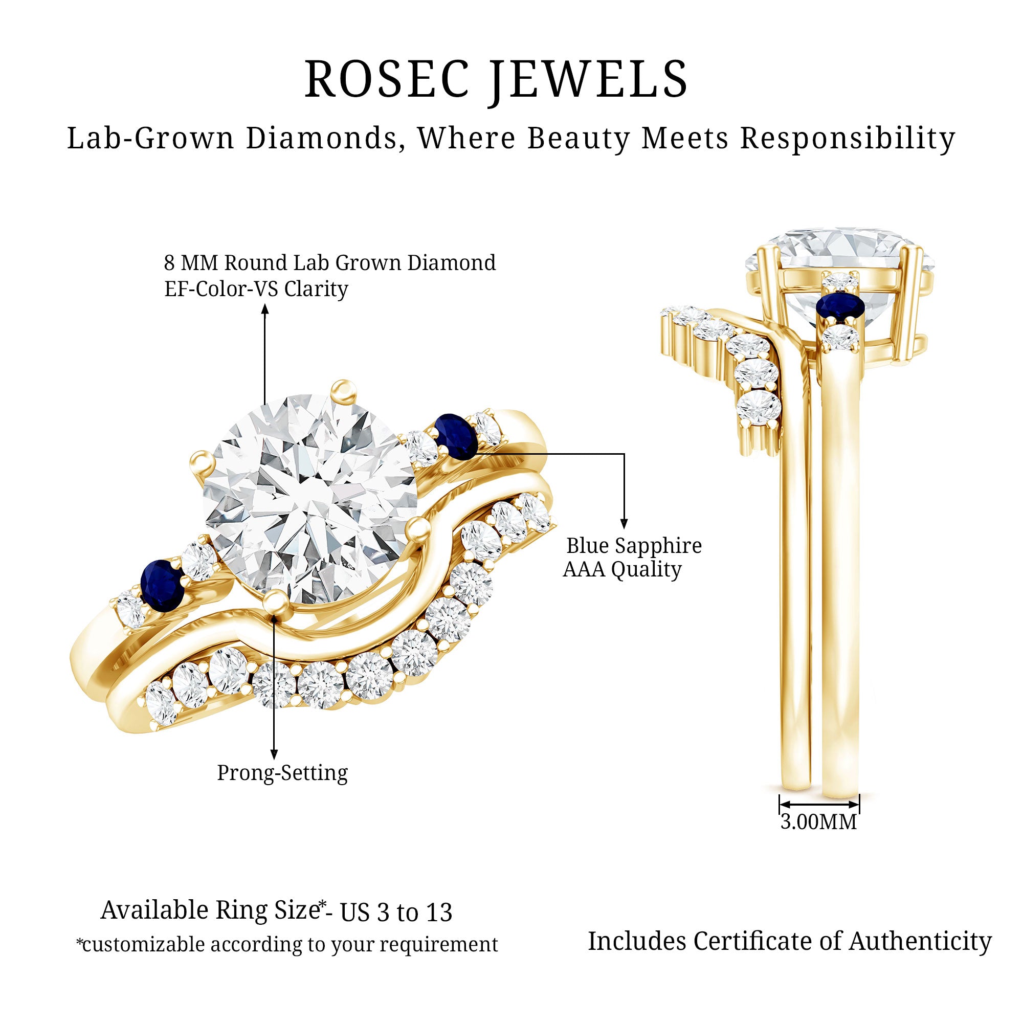 2 Carat Certified Lab Grown Diamond Engagement Ring With Wedding Band Lab - ( EF-VS ) - Rosec Jewels
