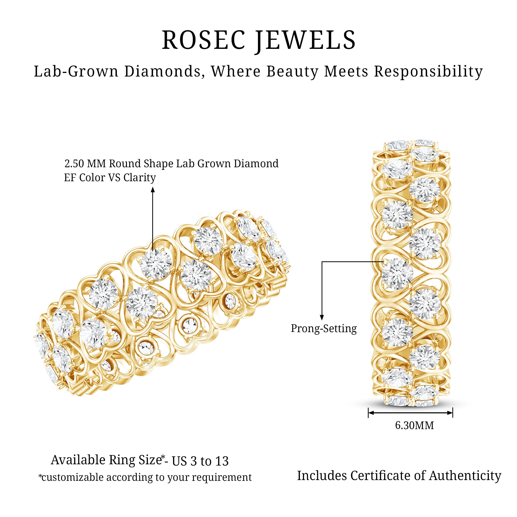 Certified Lab Grown Diamond Heart Eternity Band Ring Lab - ( EF-VS ) - Rosec Jewels