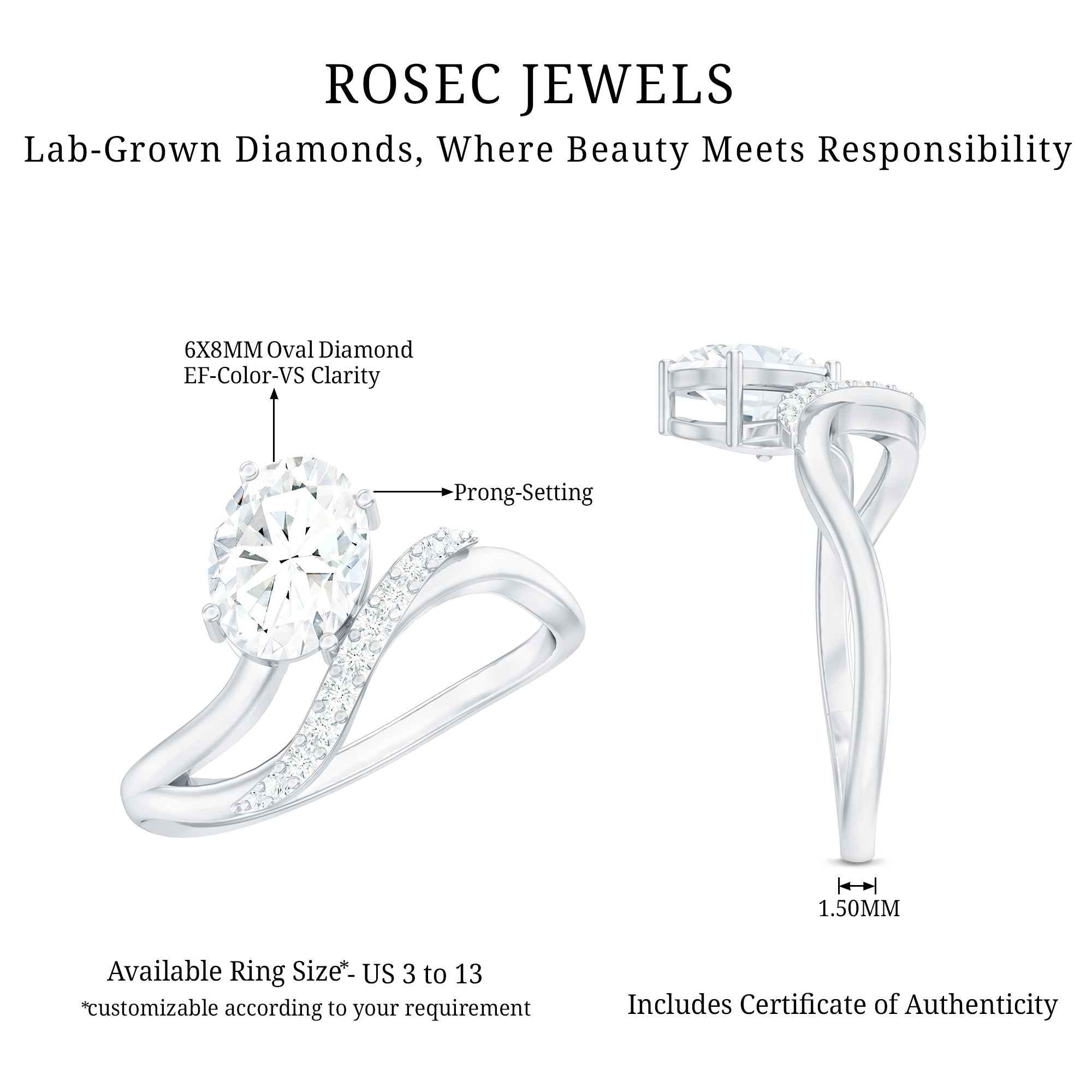 IGI Certified 1 Carat Lab Grown Diamond Oval Engagement Ring For Women Lab - ( E-VS1 ) - Rosec Jewels