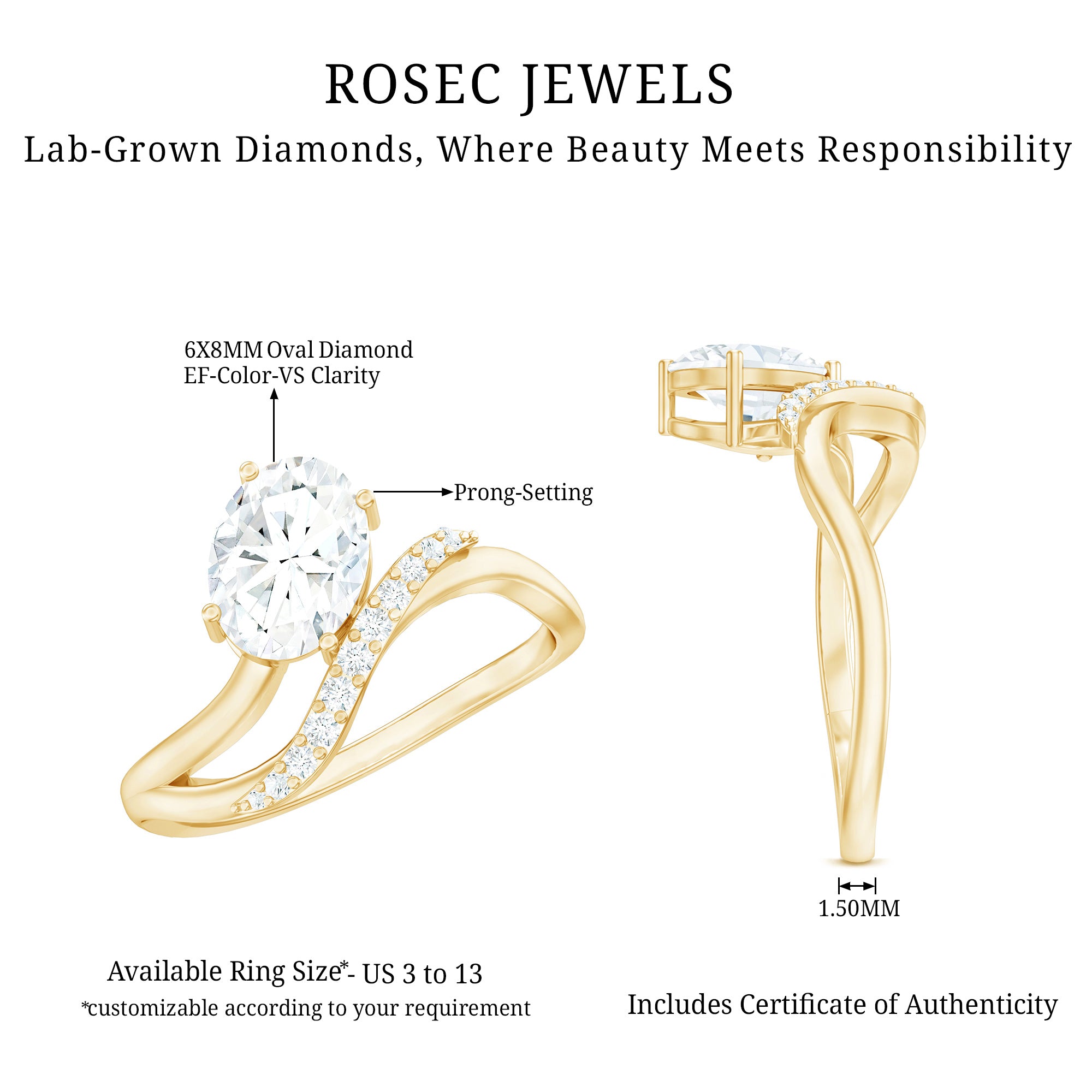 IGI Certified 1 Carat Lab Grown Diamond Oval Engagement Ring For Women Lab - ( E-VS1 ) - Rosec Jewels