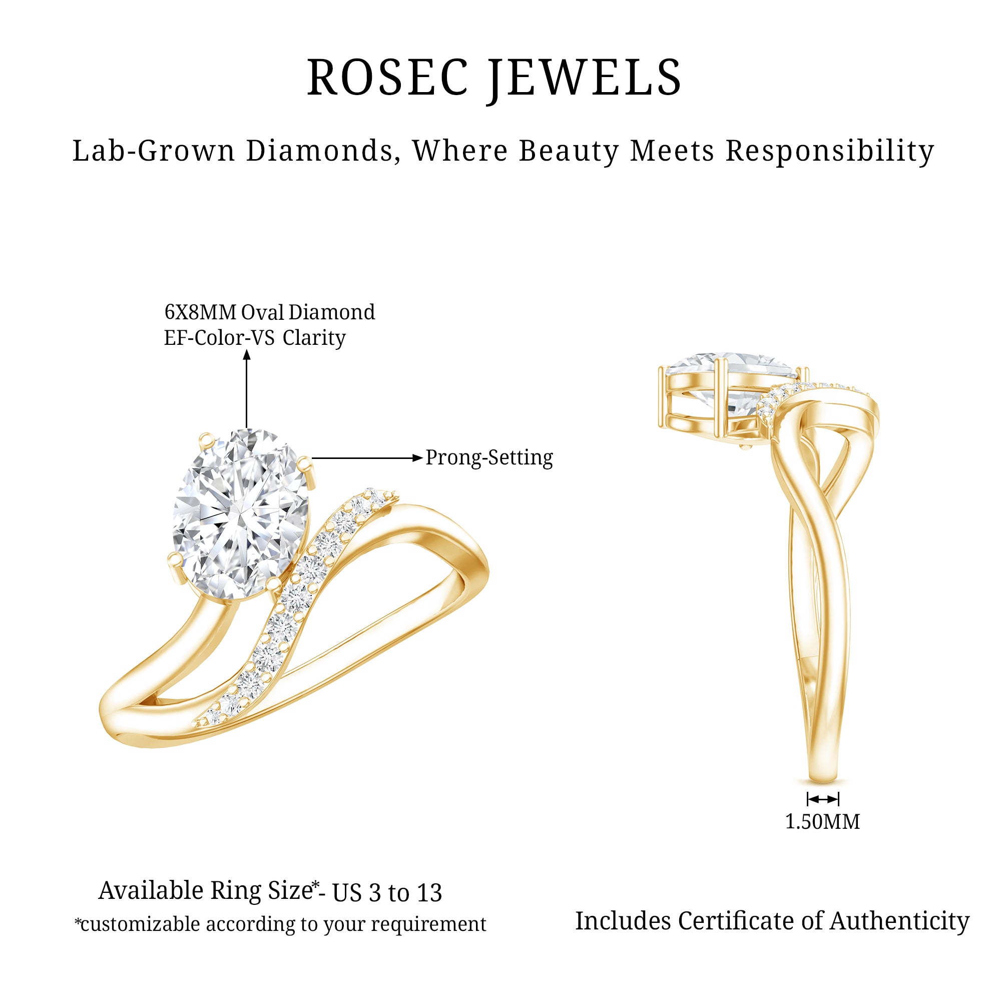 Certified Lab Grown Diamond 6X8 MM Oval Engagement Ring For Women Lab - ( EF-VS ) - Rosec Jewels