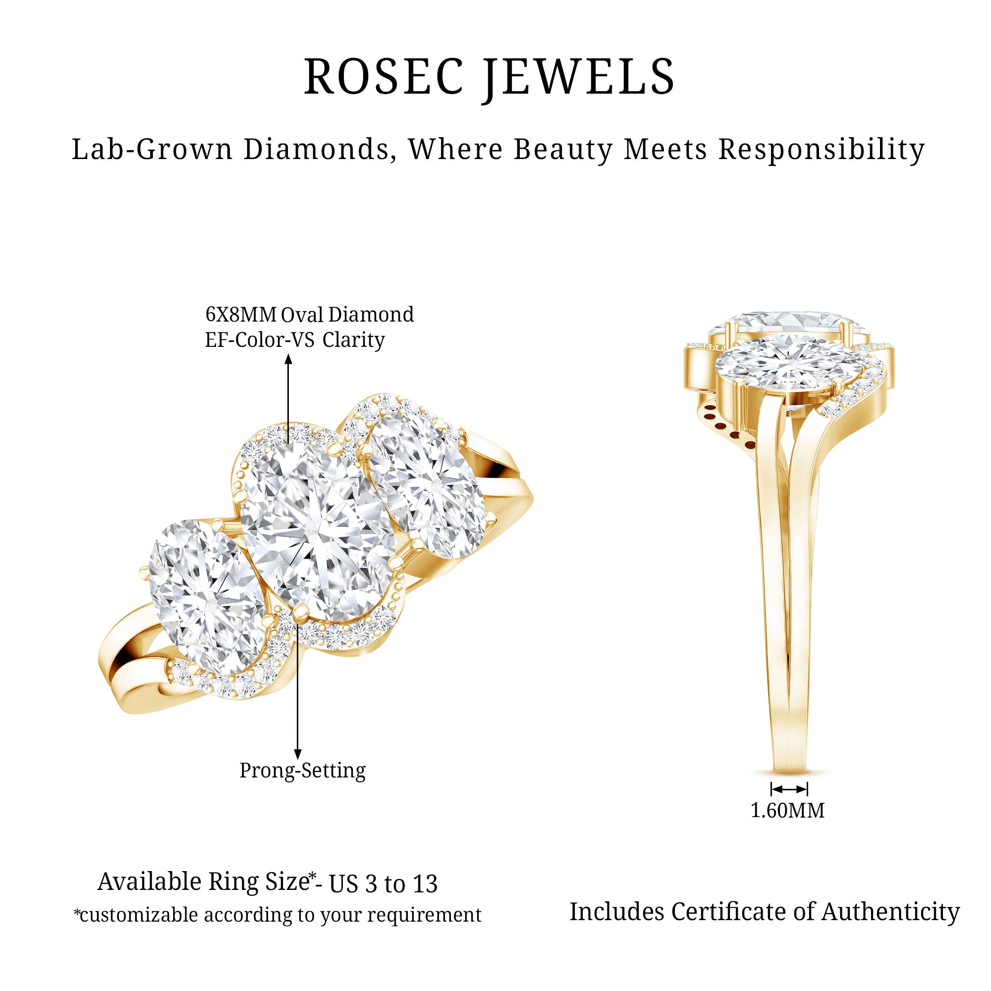 Certified Oval Lab Grown Diamond Three Stone Engagement Ring Lab - ( EF-VS ) - Rosec Jewels