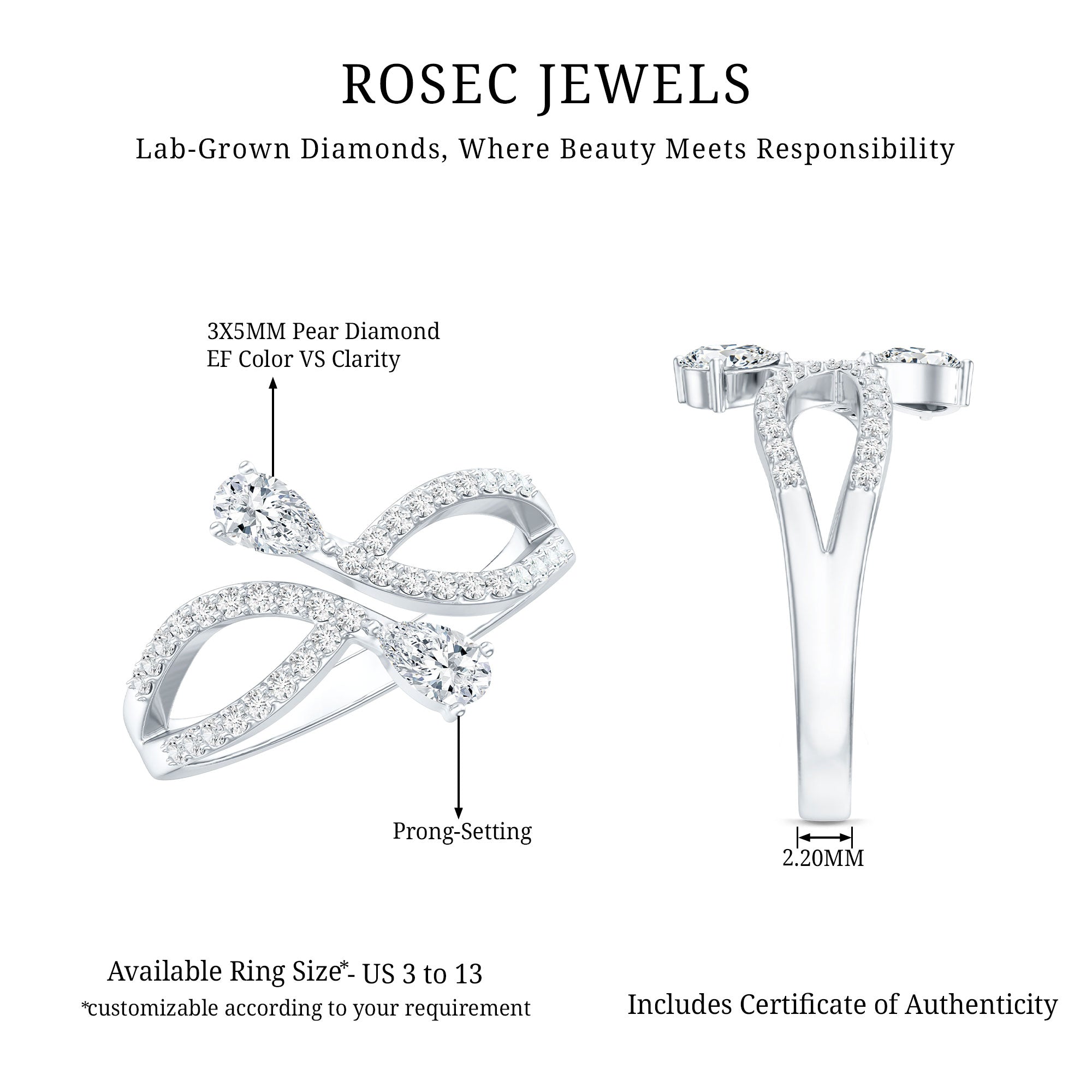 Certified Lab Grown Diamond 2 Stone Infinity Wedding Band Lab - ( EF-VS ) - Rosec Jewels