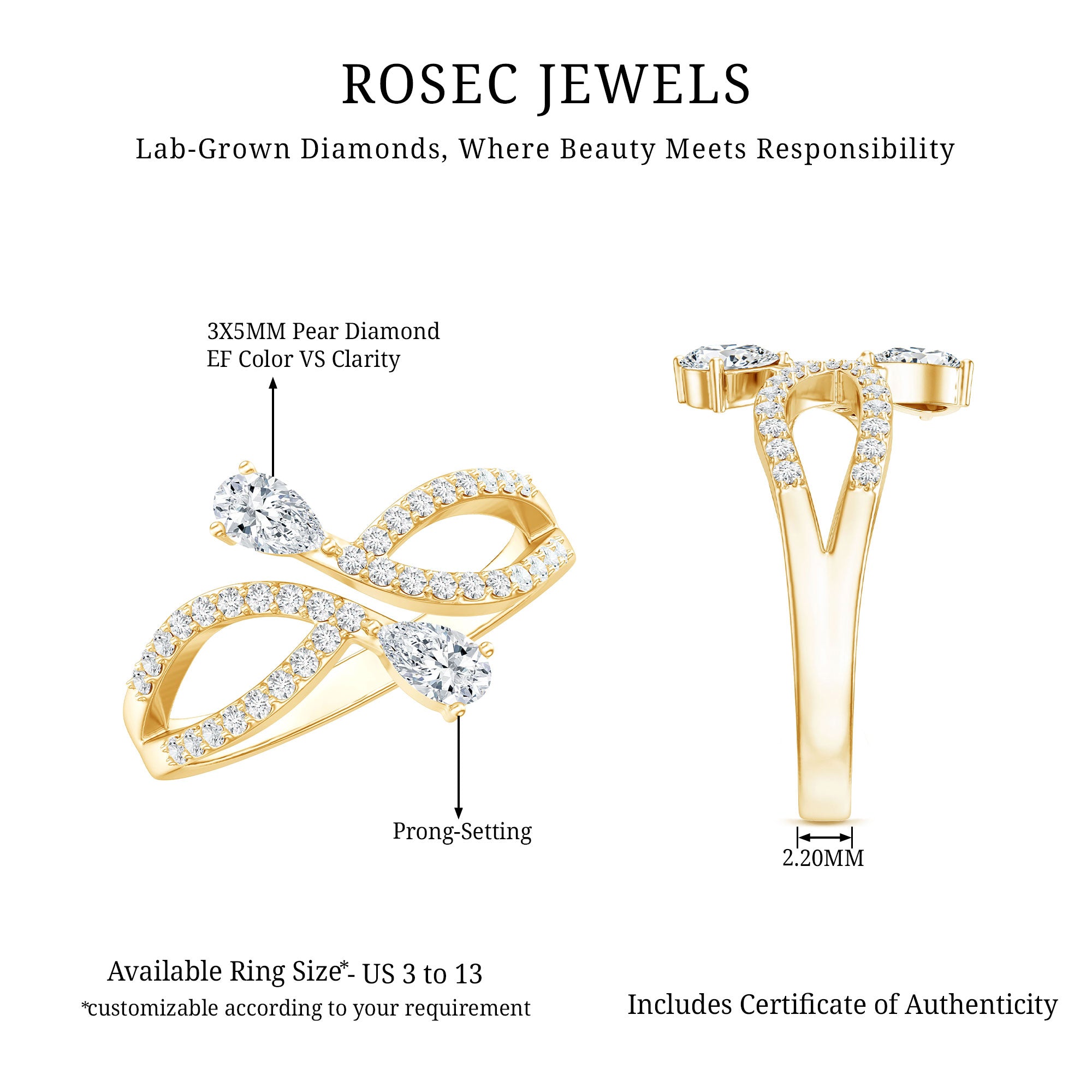 Certified Lab Grown Diamond 2 Stone Infinity Wedding Band Lab - ( EF-VS ) - Rosec Jewels