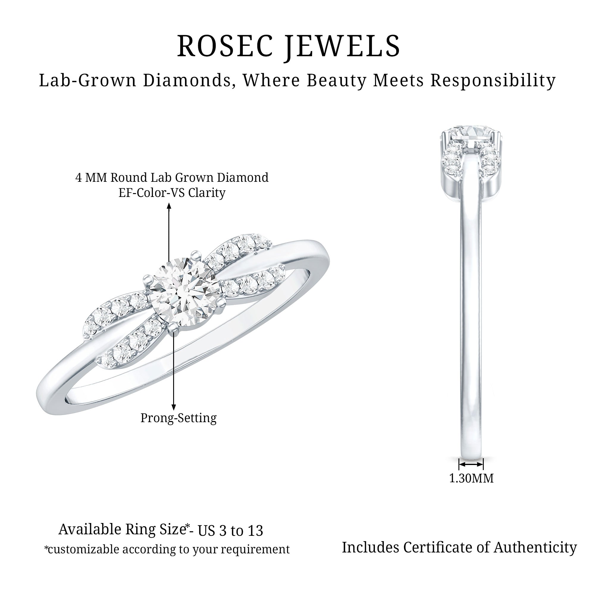 Certified Lab Grown Diamond Minimalist Promise Ring For Women Lab - ( EF-VS ) - Rosec Jewels