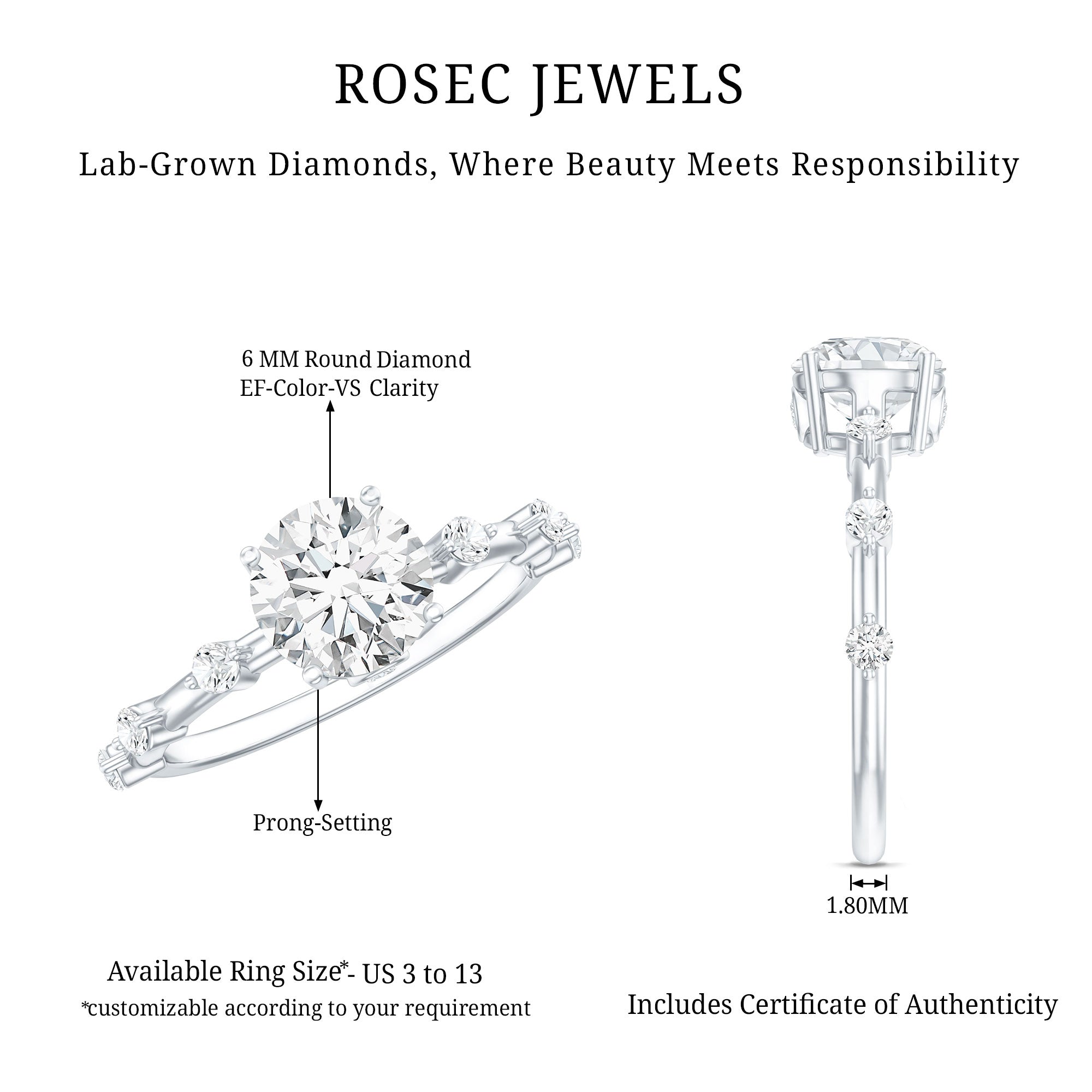 IGI Certified 1 Carat Lab Created Diamond Engagement Ring Lab - ( E-VS1 ) - Rosec Jewels