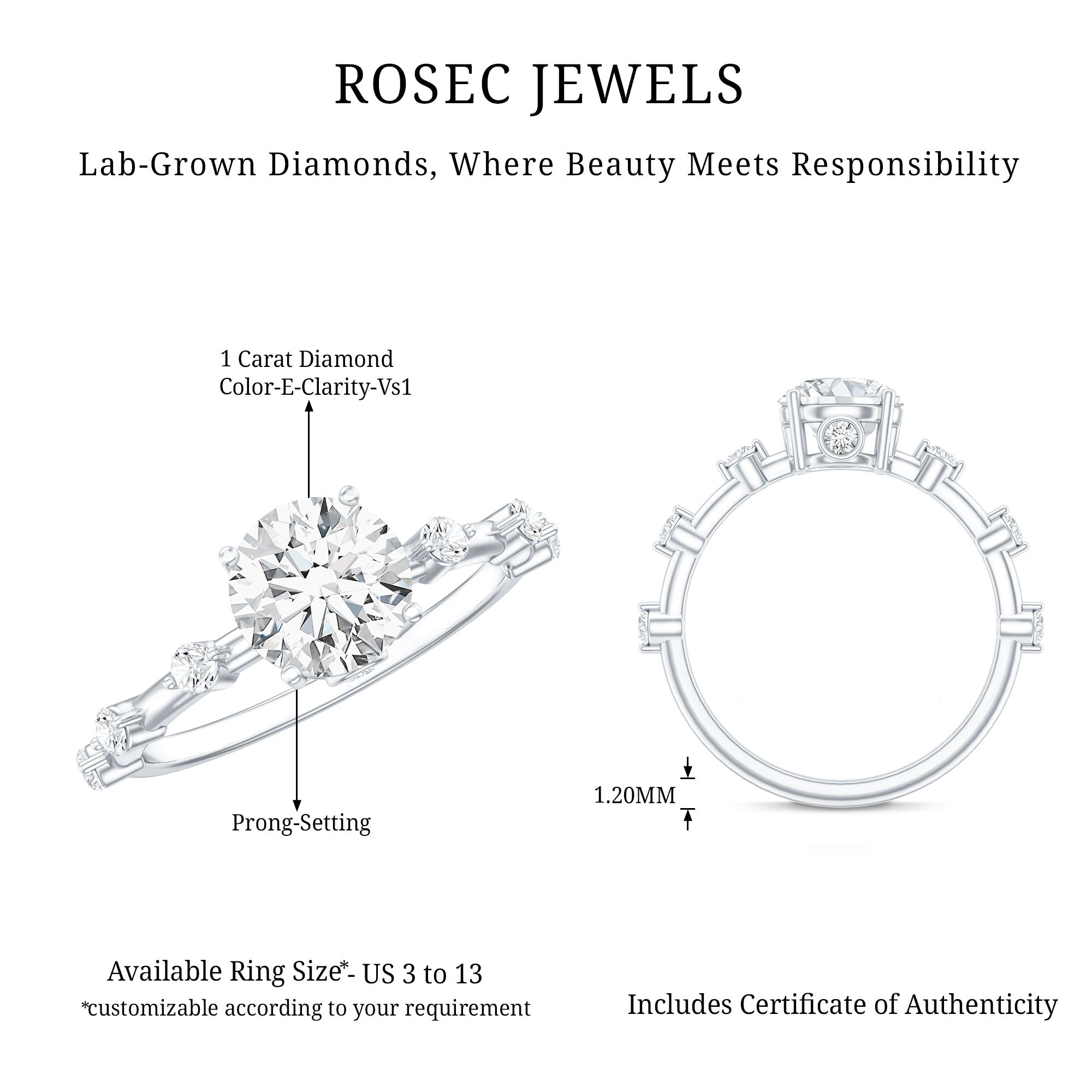 IGI Certified 1 Carat Lab Created Diamond Engagement Ring Lab - ( E-VS1 ) - Rosec Jewels