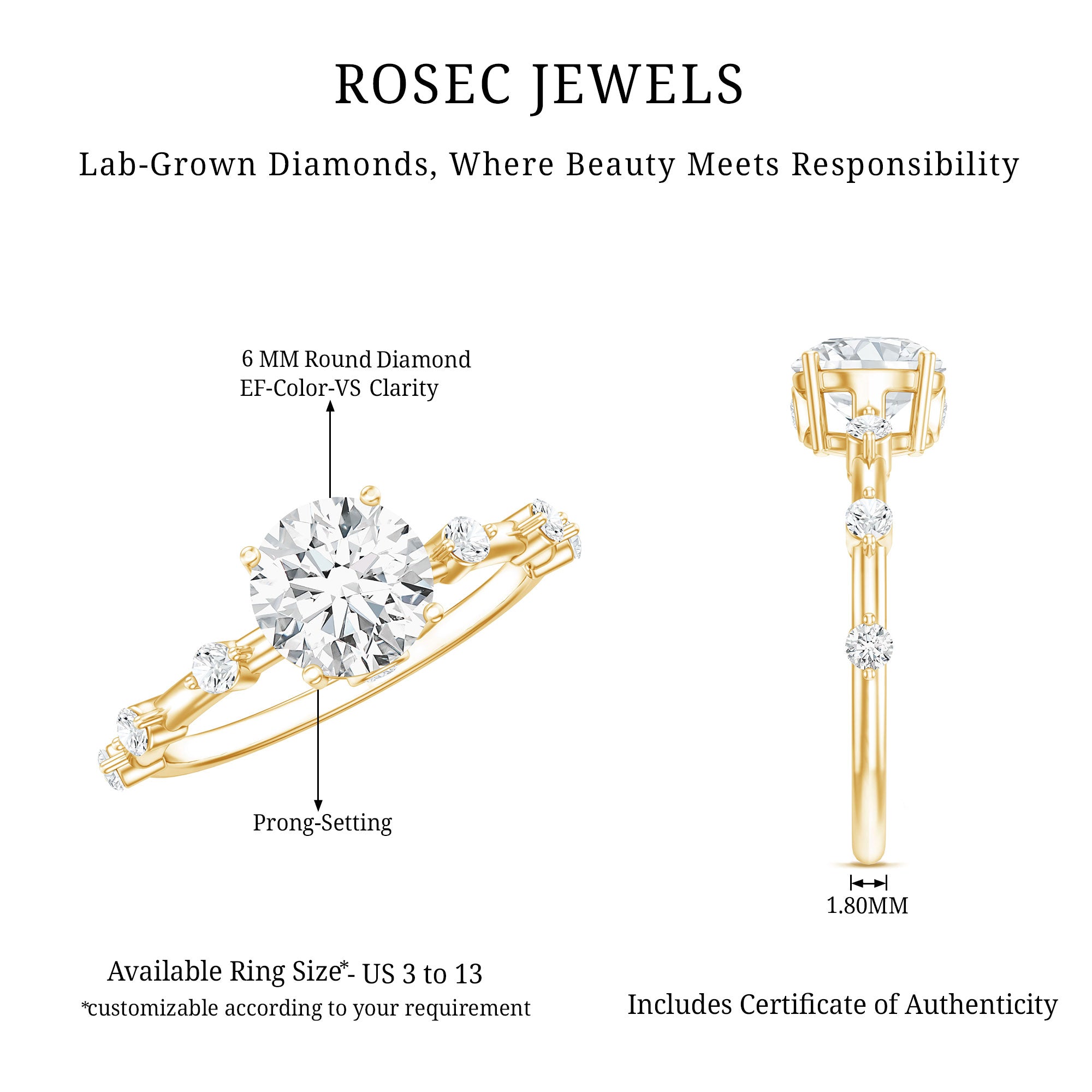 IGI Certified 1 Carat Lab Created Diamond Engagement Ring Lab - ( E-VS1 ) - Rosec Jewels