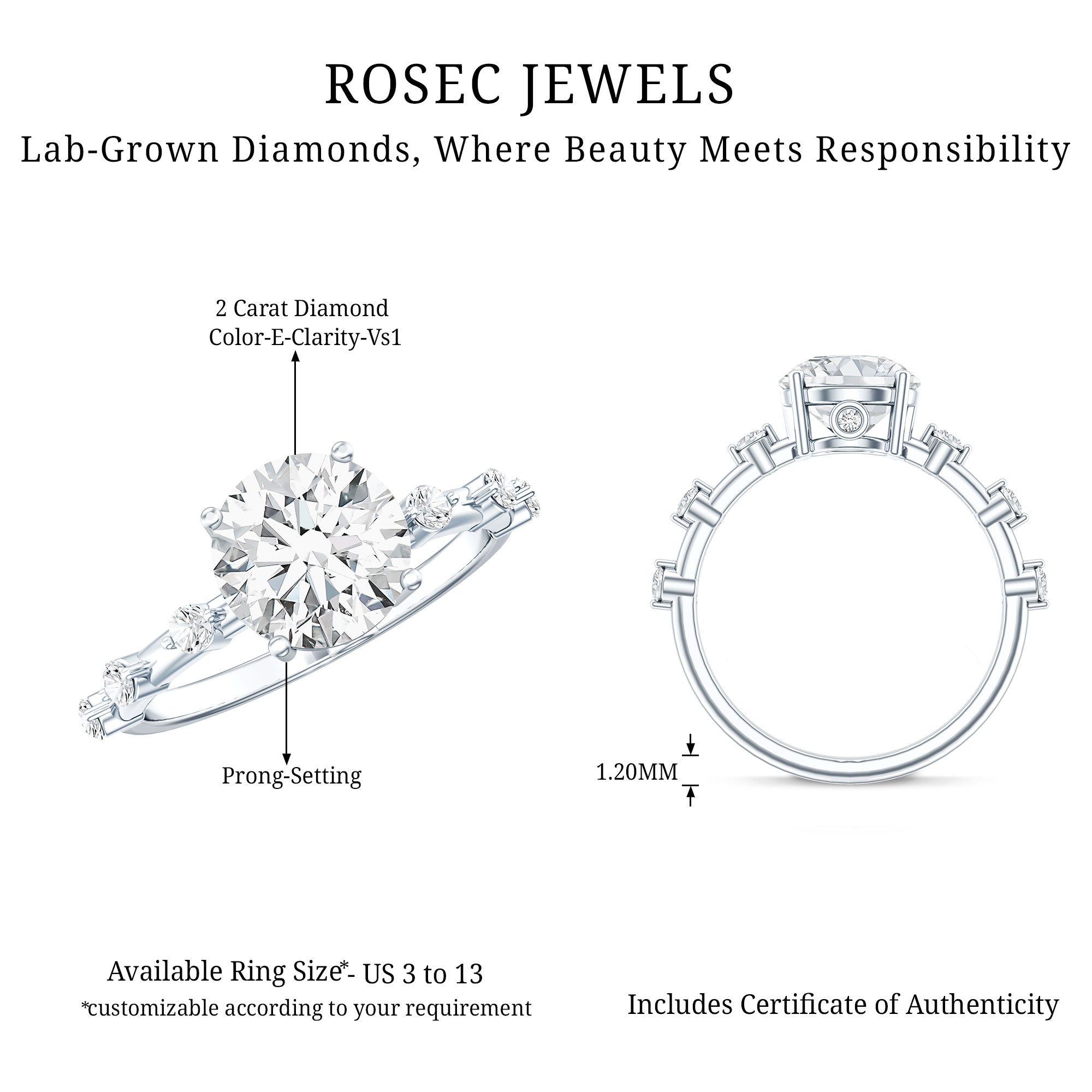 IGI Certified Lab Grown 2 CT Diamond Engagement Ring with Side Stone Lab - ( E-VS1 ) - Rosec Jewels