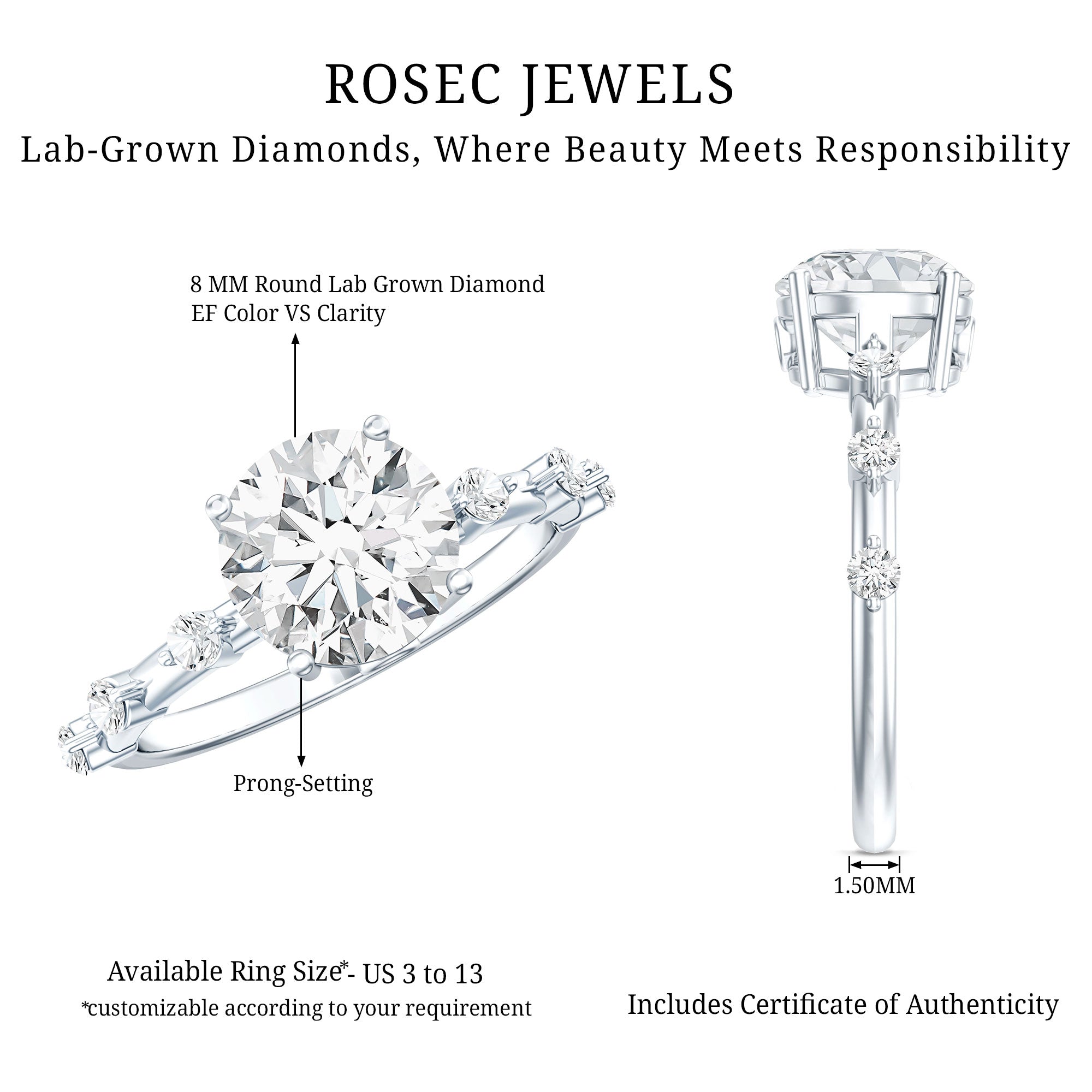 IGI Certified Lab Grown 2 CT Diamond Engagement Ring with Side Stone Lab - ( E-VS1 ) - Rosec Jewels