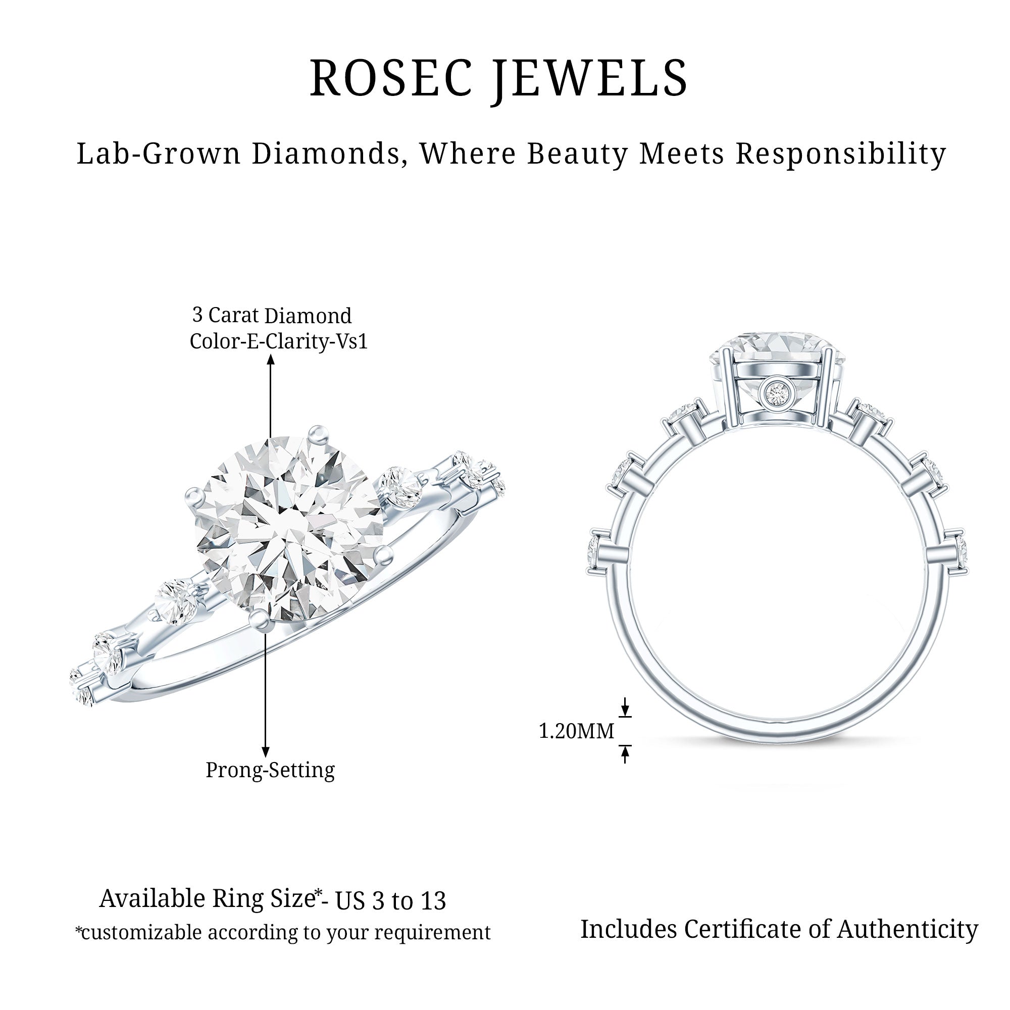 3 CT Lab Grown Diamond Engagement Ring with IGI Certificate Lab - ( E-VS1 ) - Rosec Jewels