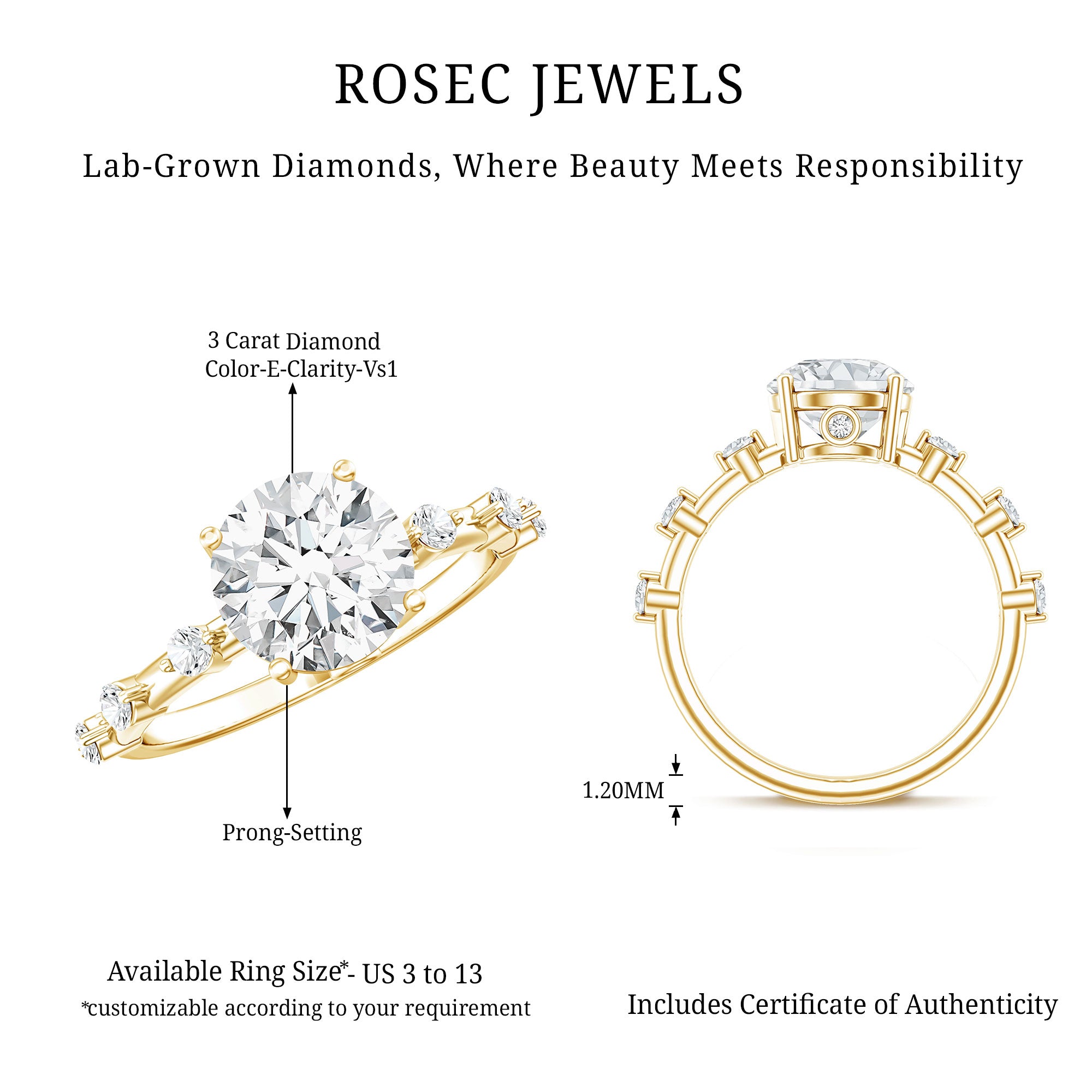 3 CT Lab Grown Diamond Engagement Ring with IGI Certificate Lab - ( E-VS1 ) - Rosec Jewels