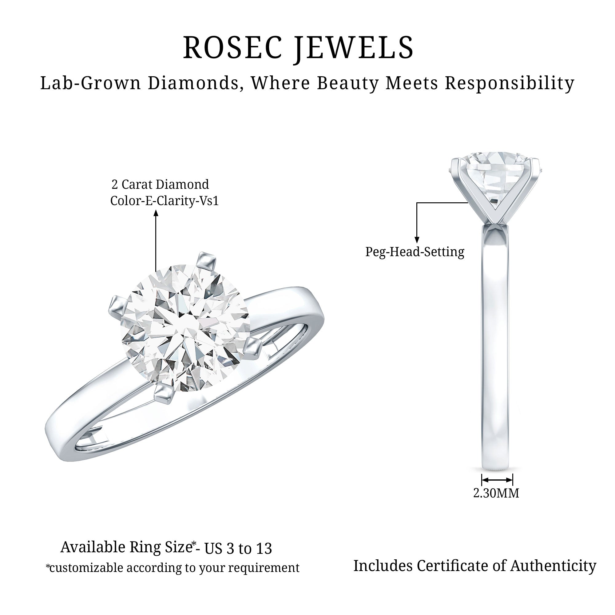 IGI Certified Lab Grown Round Diamond Solitaire Engagement Ring Lab - ( E-VS1 ) - Rosec Jewels