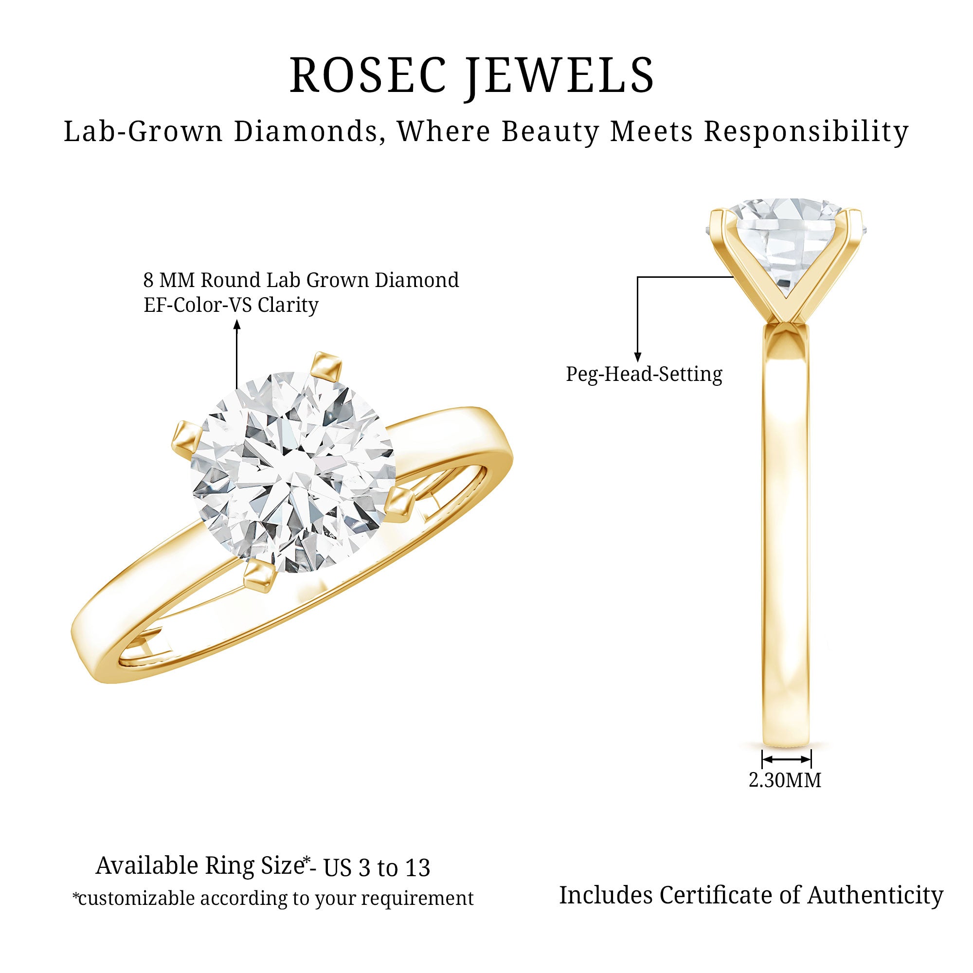 IGI Certified Lab Grown Round Diamond Solitaire Engagement Ring Lab - ( E-VS1 ) - Rosec Jewels