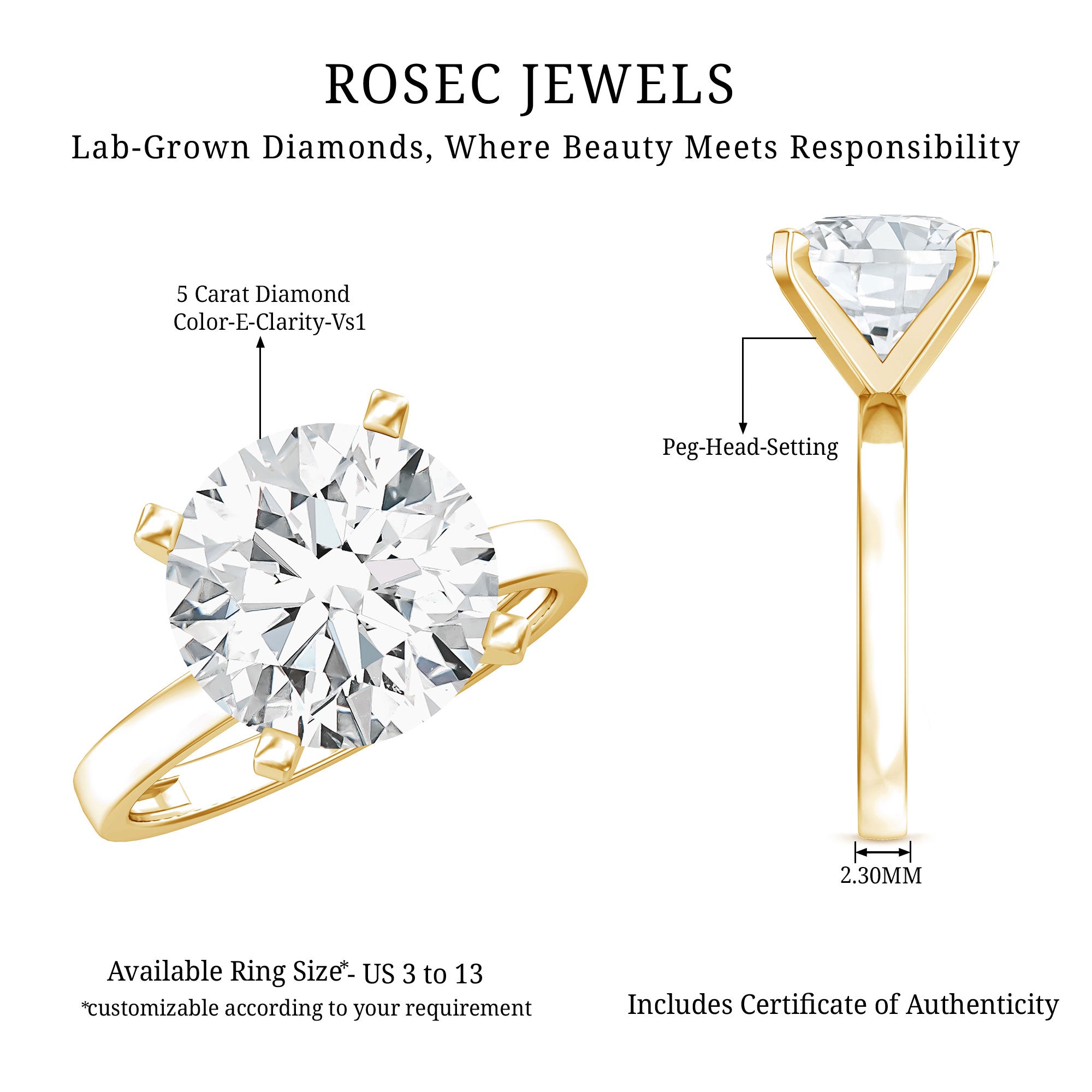 IGI Certified 5 CT Lab Grown Diamond Big Engagement Ring Lab - ( E-VS1 ) - Rosec Jewels